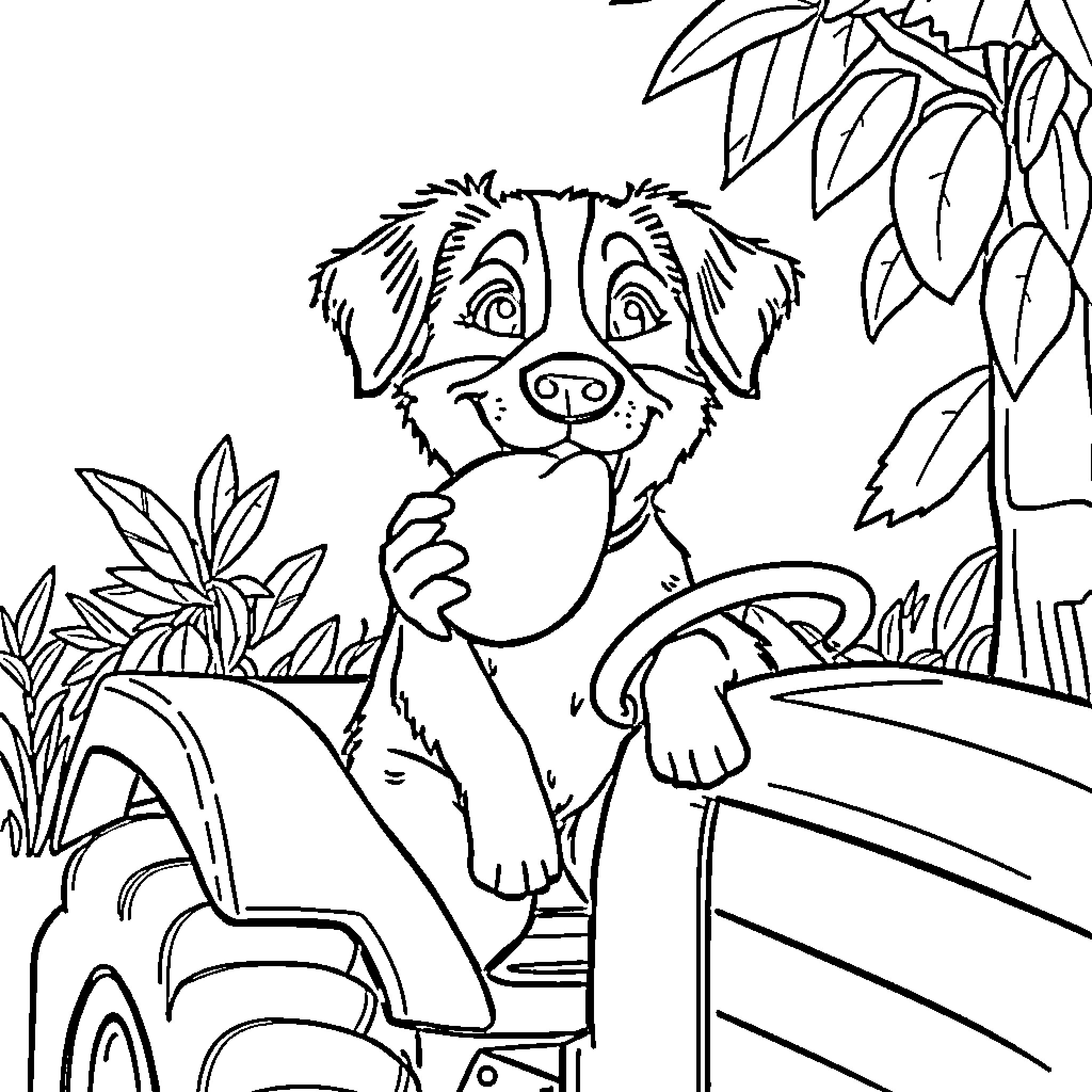 Dog exploring nature with curiosity Coloring Page (free black-and-white line drawing printable PDF for all, from beginners to advanced learners, including children, teens, adults, and seniors)