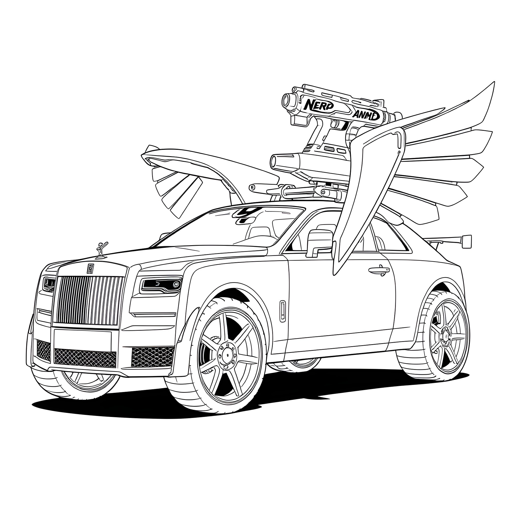 Rolls Royce luxury car with wings and weapons Coloring Page (free black-and-white line drawing printable PDF for all, from beginners to advanced learners, including children, teens, adults, and seniors)