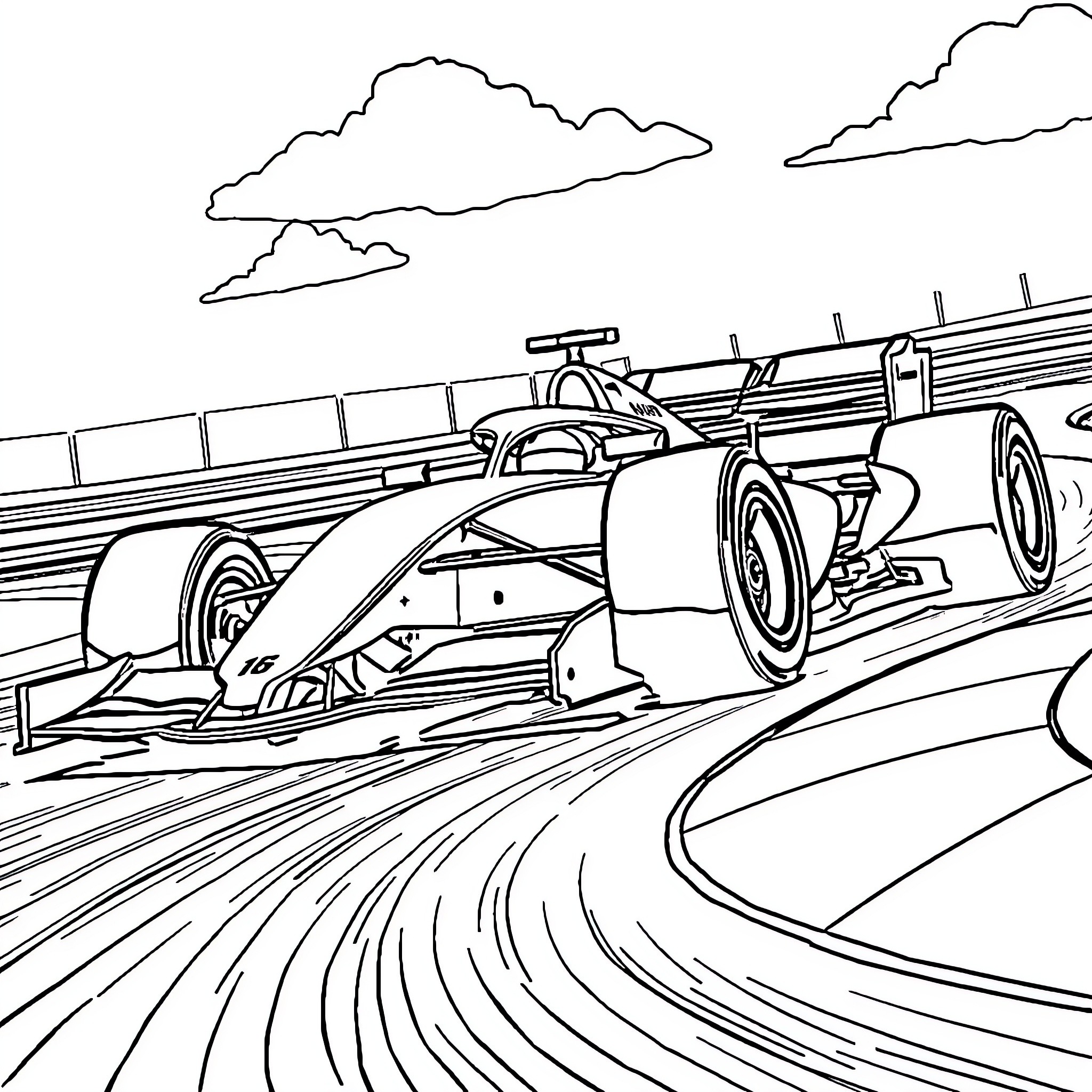 Formula 1 Race Car Speeding on Track Coloring Page (free black-and-white line drawing printable PDF for all, from beginners to advanced learners, including children, teens, adults, and seniors)