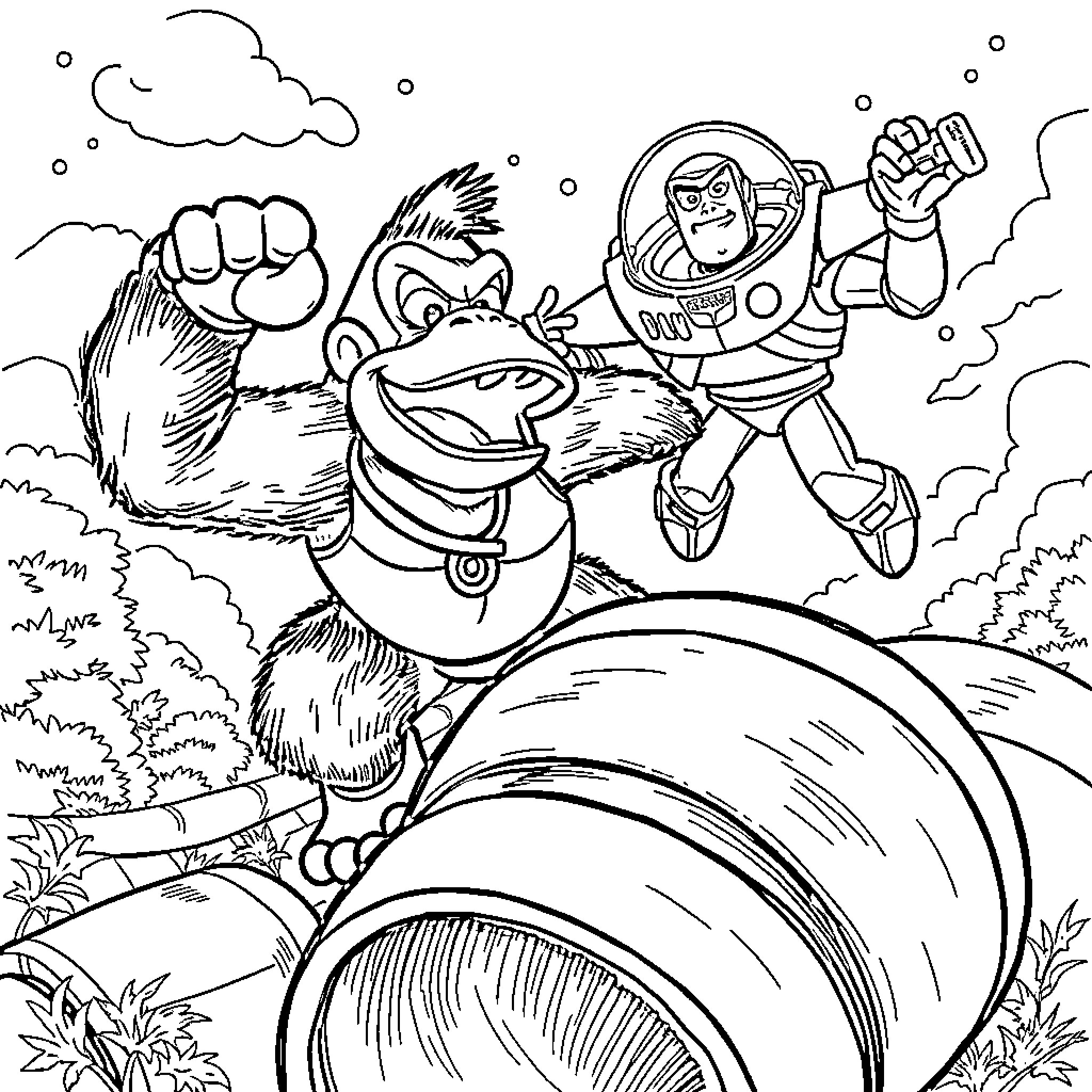 Donkey Kong and Buzz Lightyear in an Outdoor Adventure Coloring Page (free black-and-white line drawing printable PDF for all, from beginners to advanced learners, including children, teens, adults, and seniors)
