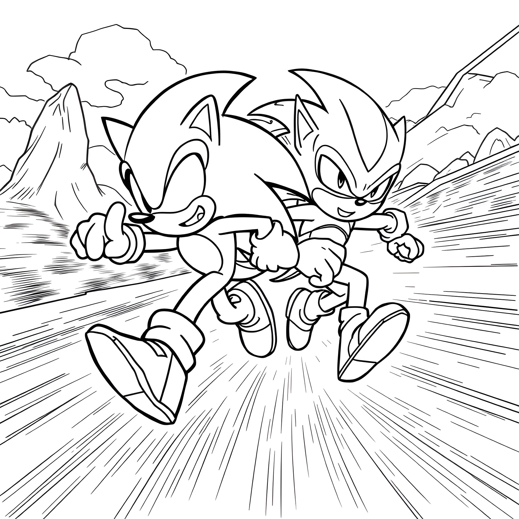 Sonic and Tails rushing through the mountains Coloring Page (free black-and-white line drawing printable PDF for all, from beginners to advanced learners, including children, teens, adults, and seniors)