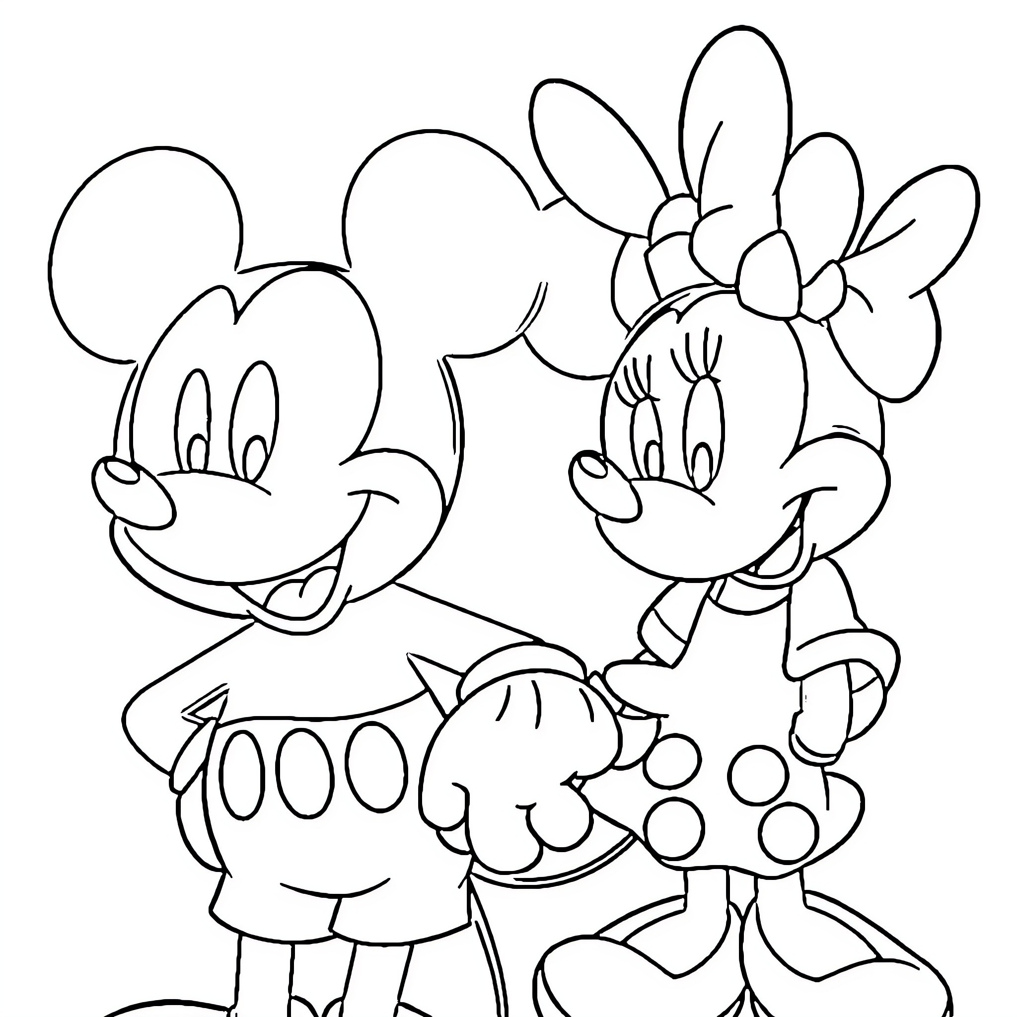 Mickey Mouse and Minnie Mouse in playful poses Coloring Page (free black-and-white line drawing printable PDF for all, from beginners to advanced learners, including children, teens, adults, and seniors)