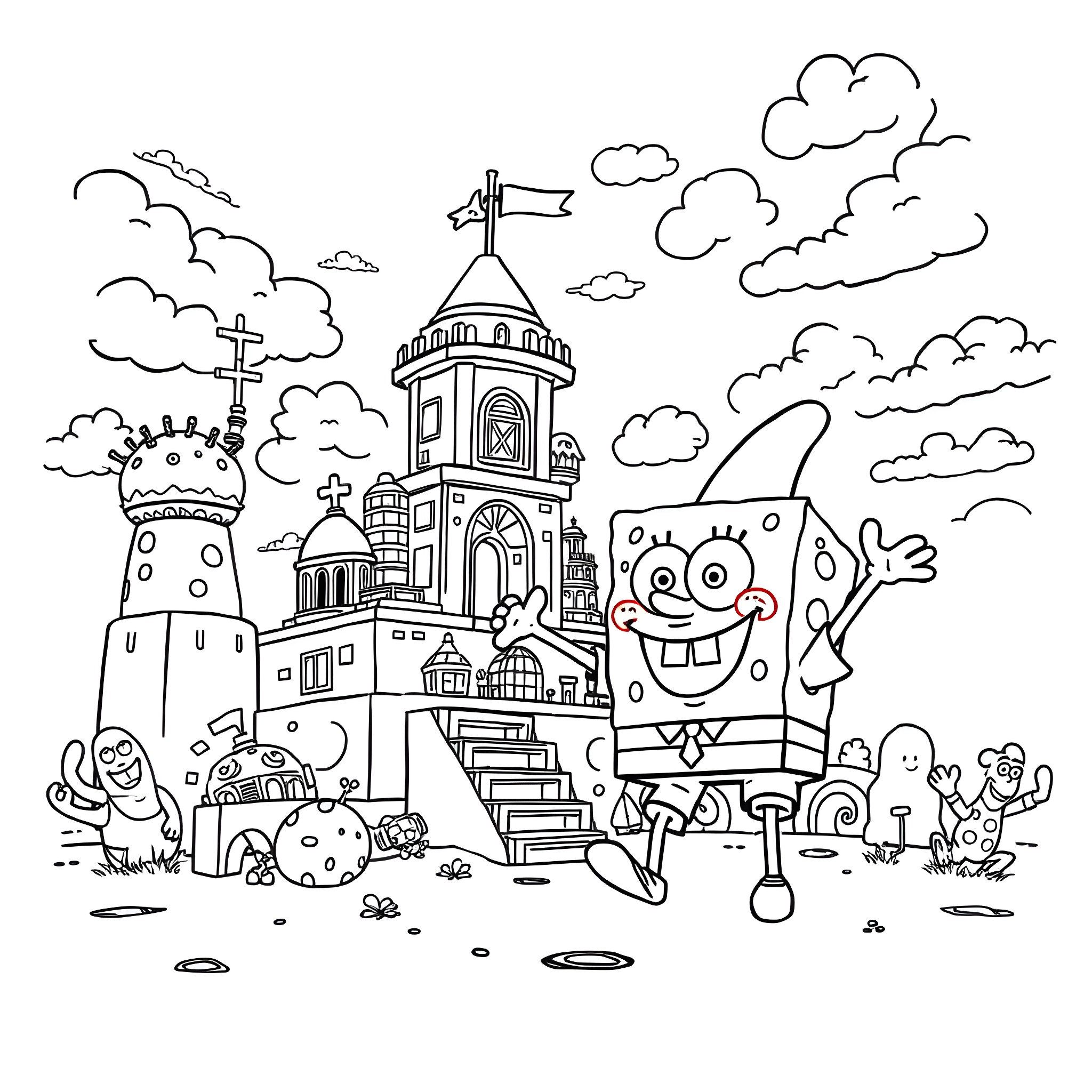 Spongebob and friends explore a whimsical town Coloring Page (free black-and-white line drawing printable PDF for all, from beginners to advanced learners, including children, teens, adults, and seniors)