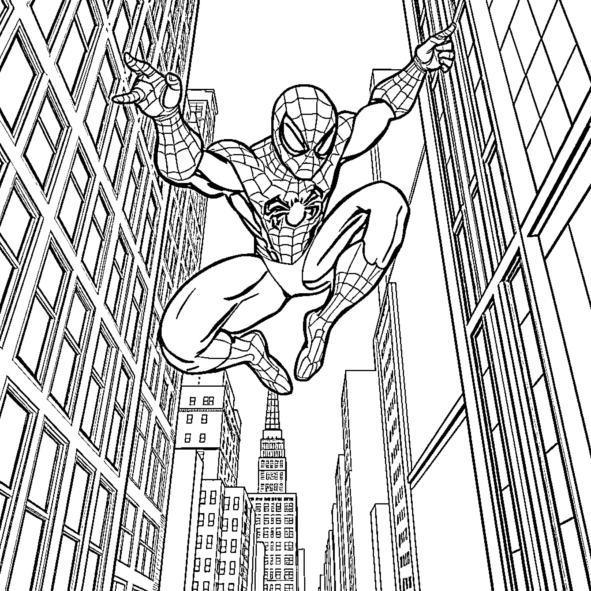Spiderman swinging through the city skyline Coloring Page (free black-and-white line drawing printable PDF for all, from beginners to advanced learners, including children, teens, adults, and seniors)
