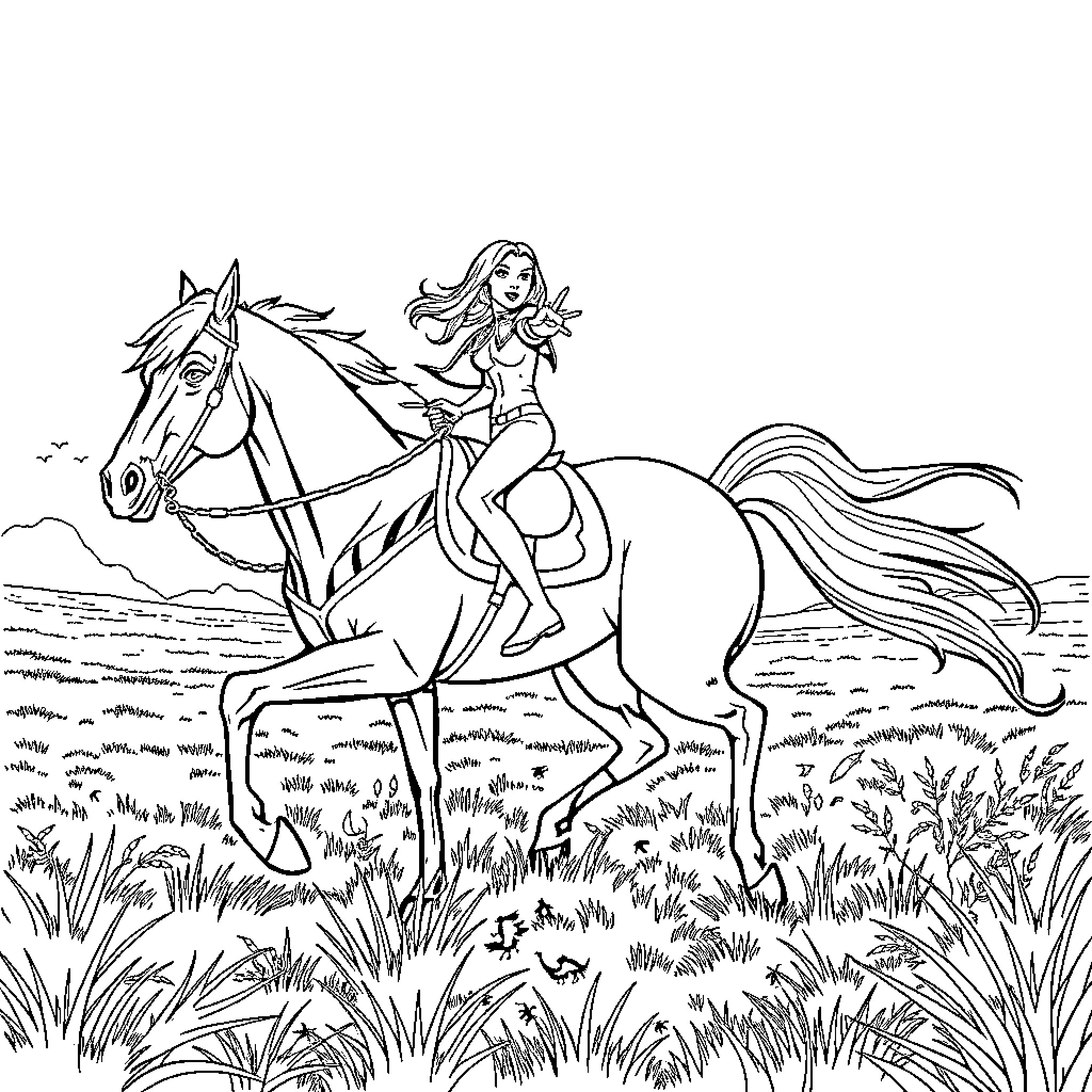 Raven riding a horse through the meadow Coloring Page (free black-and-white line drawing printable PDF for all, from beginners to advanced learners, including children, teens, adults, and seniors)