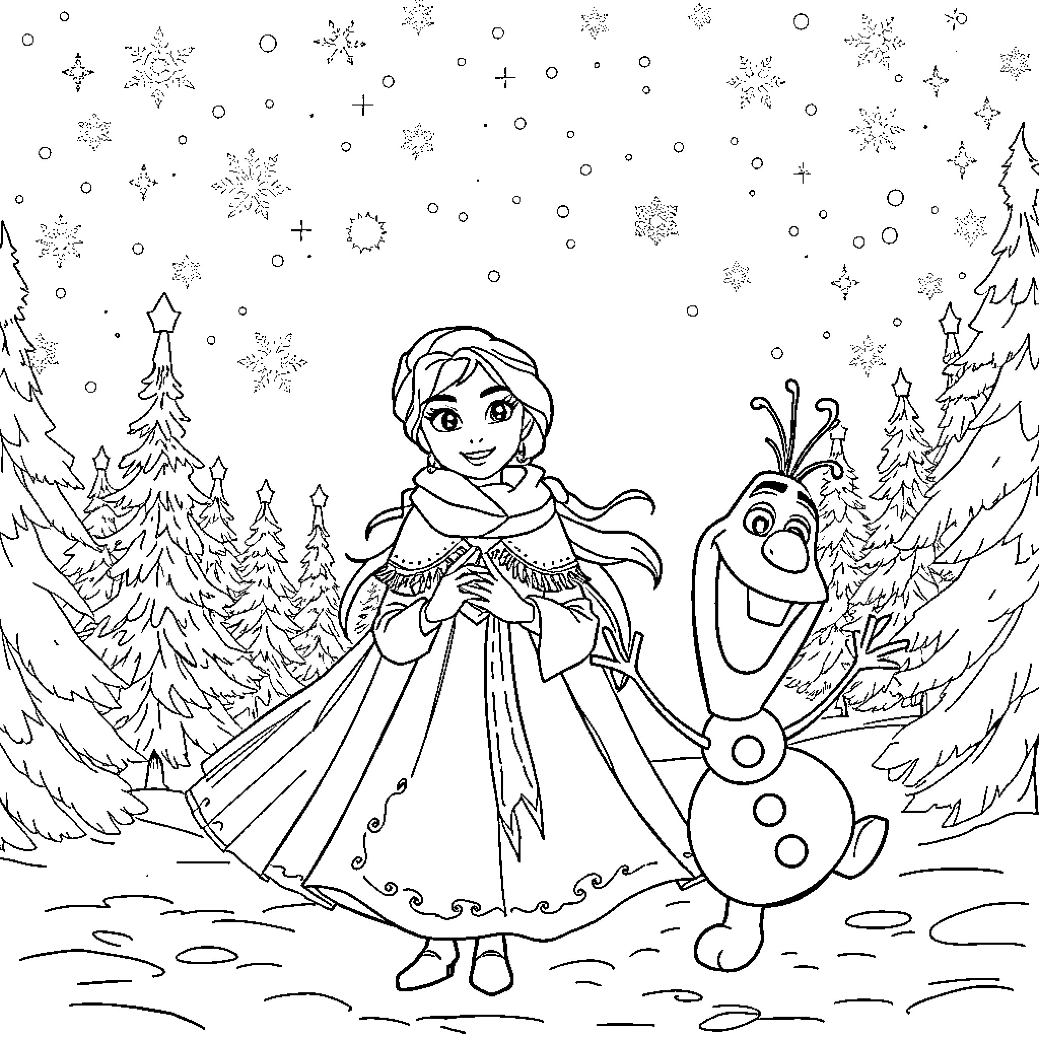 Frozen Characters in Snowy Wonderland Coloring Page (free black-and-white line drawing printable PDF for all, from beginners to advanced learners, including children, teens, adults, and seniors)