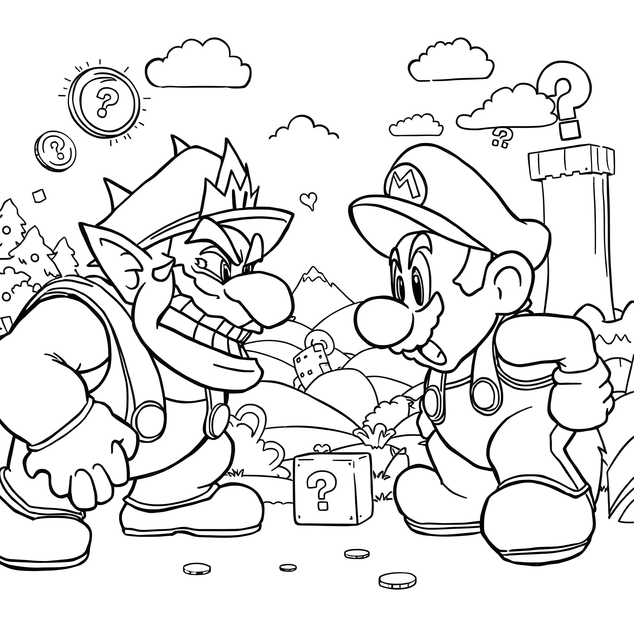Wario's Mischievous Adventure in the Cartoon World Coloring Page (free black-and-white line drawing printable PDF for all, from beginners to advanced learners, including children, teens, adults, and seniors)