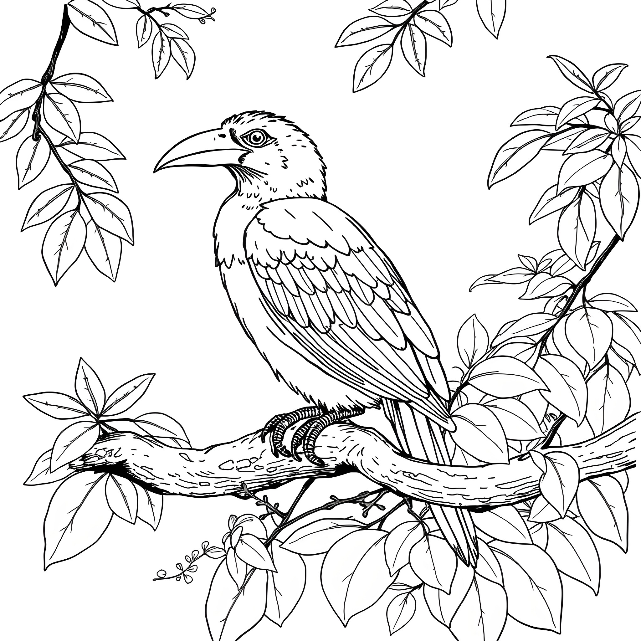 Aulacorhynchus Prasinus on a Leafy Branch Coloring Page (free black-and-white line drawing printable PDF for all, from beginners to advanced learners, including children, teens, adults, and seniors)