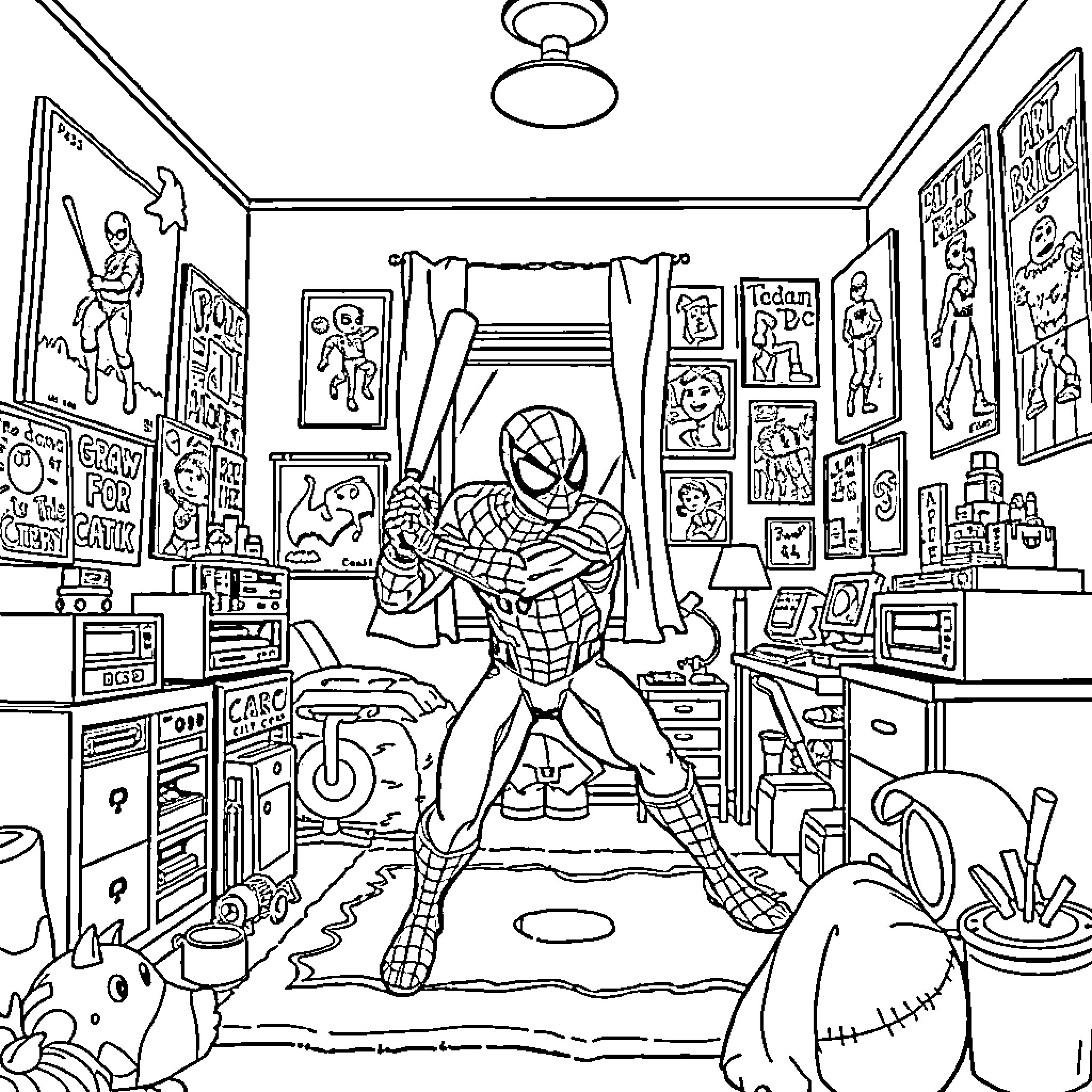 Spiderman in his superhero pose among memorabilia Coloring Page (free black-and-white line drawing printable PDF for all, from beginners to advanced learners, including children, teens, adults, and seniors)