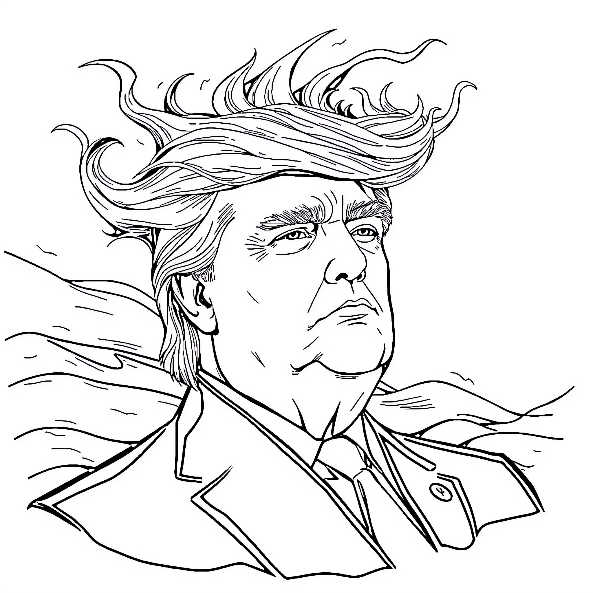 Trump's Windswept Appearance and Stern Expression Coloring Page (free black-and-white line drawing printable PDF for all, from beginners to advanced learners, including children, teens, adults, and seniors)