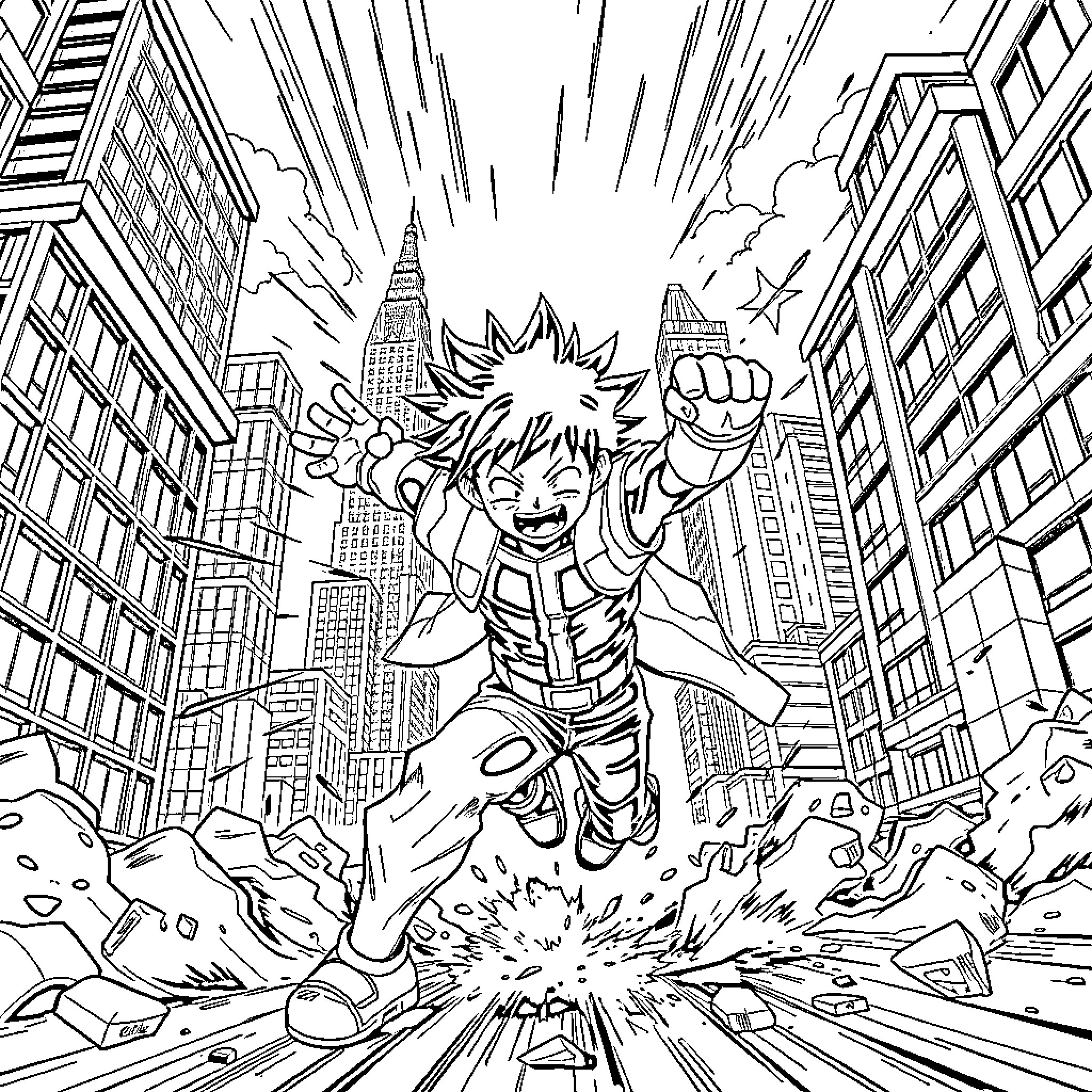Deku's Heroic Leap through the Cityscape Coloring Page (free black-and-white line drawing printable PDF for all, from beginners to advanced learners, including children, teens, adults, and seniors)