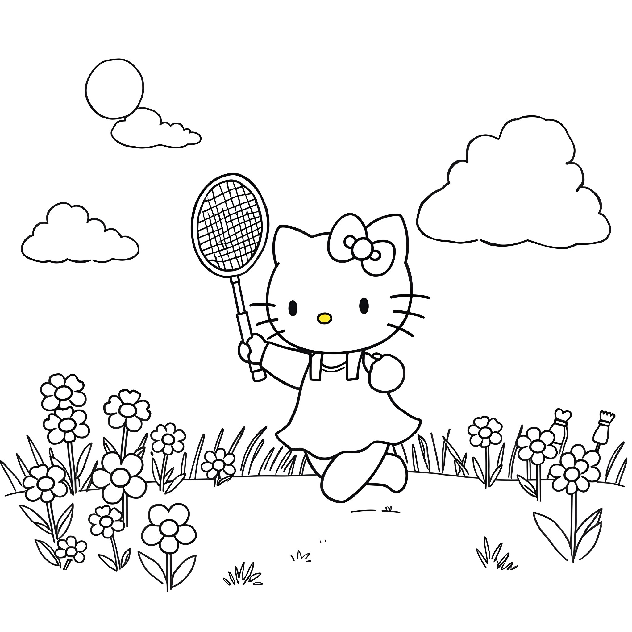 Hello Kitty playing tennis in a floral meadow Coloring Page (free black-and-white line drawing printable PDF for all, from beginners to advanced learners, including children, teens, adults, and seniors)