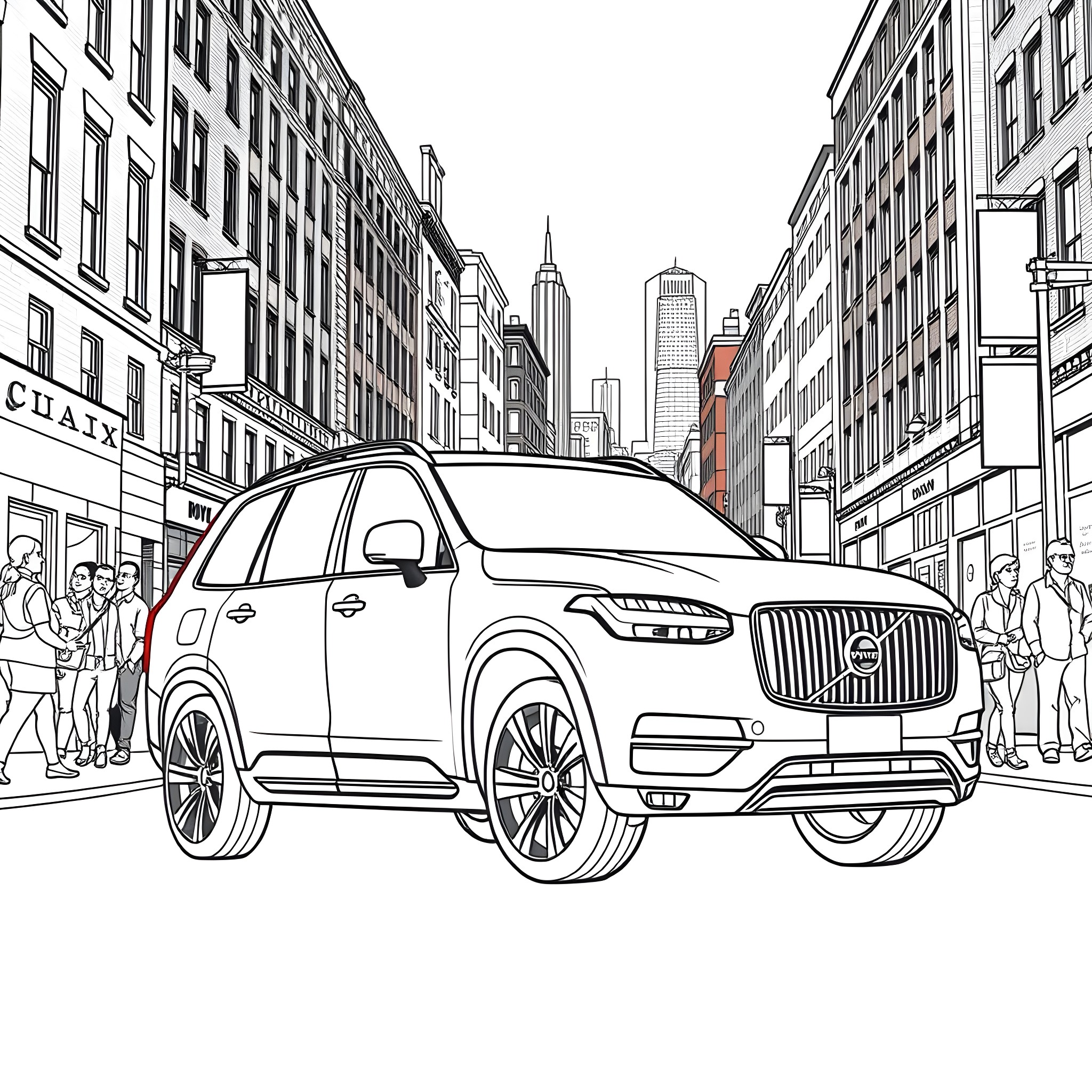 Volvo SUV in a Bustling City Coloring Page (free black-and-white line drawing printable PDF for all, from beginners to advanced learners, including children, teens, adults, and seniors)