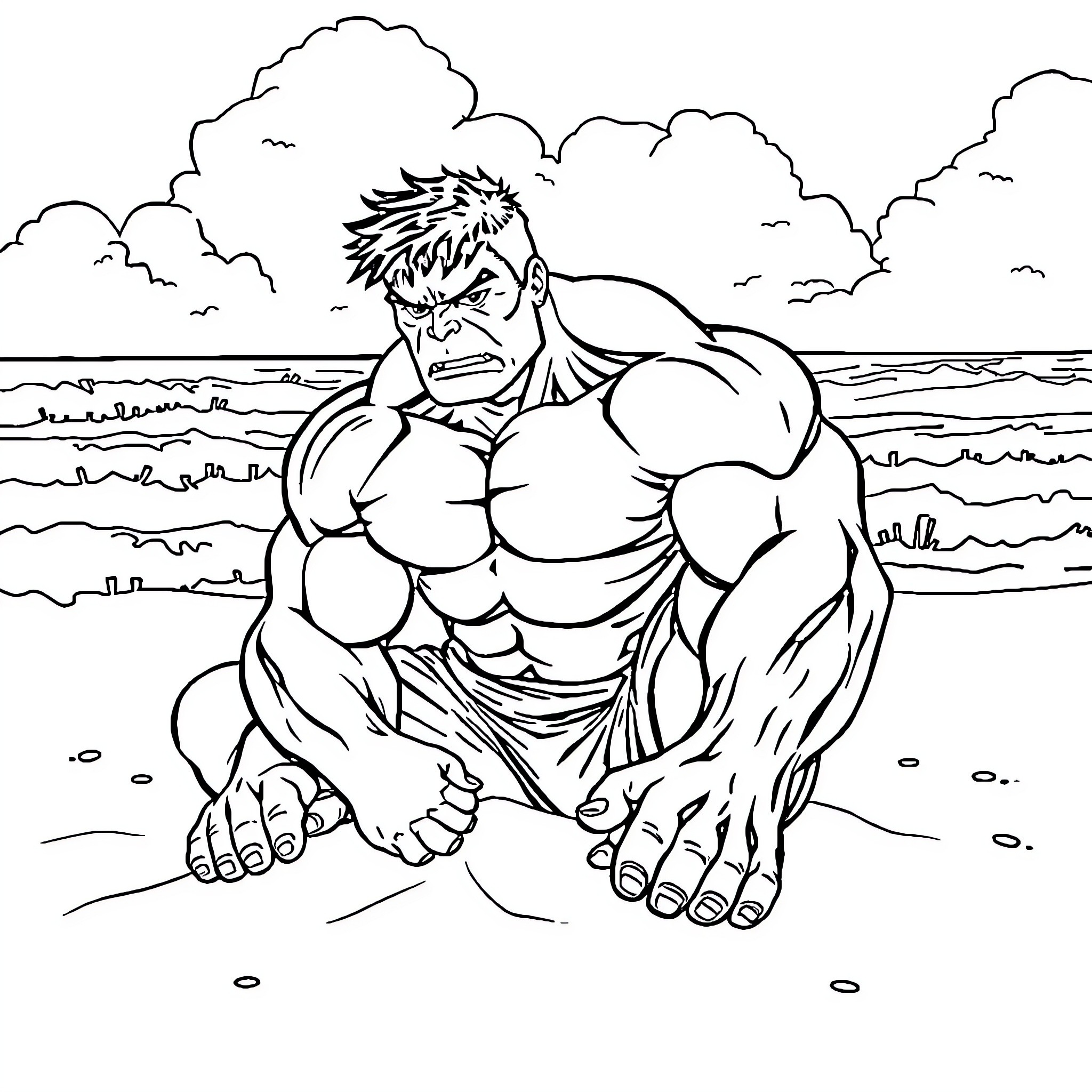 Hulk Unleashes Strength by the Stormy Seashore Coloring Page (free black-and-white line drawing printable PDF for all, from beginners to advanced learners, including children, teens, adults, and seniors)
