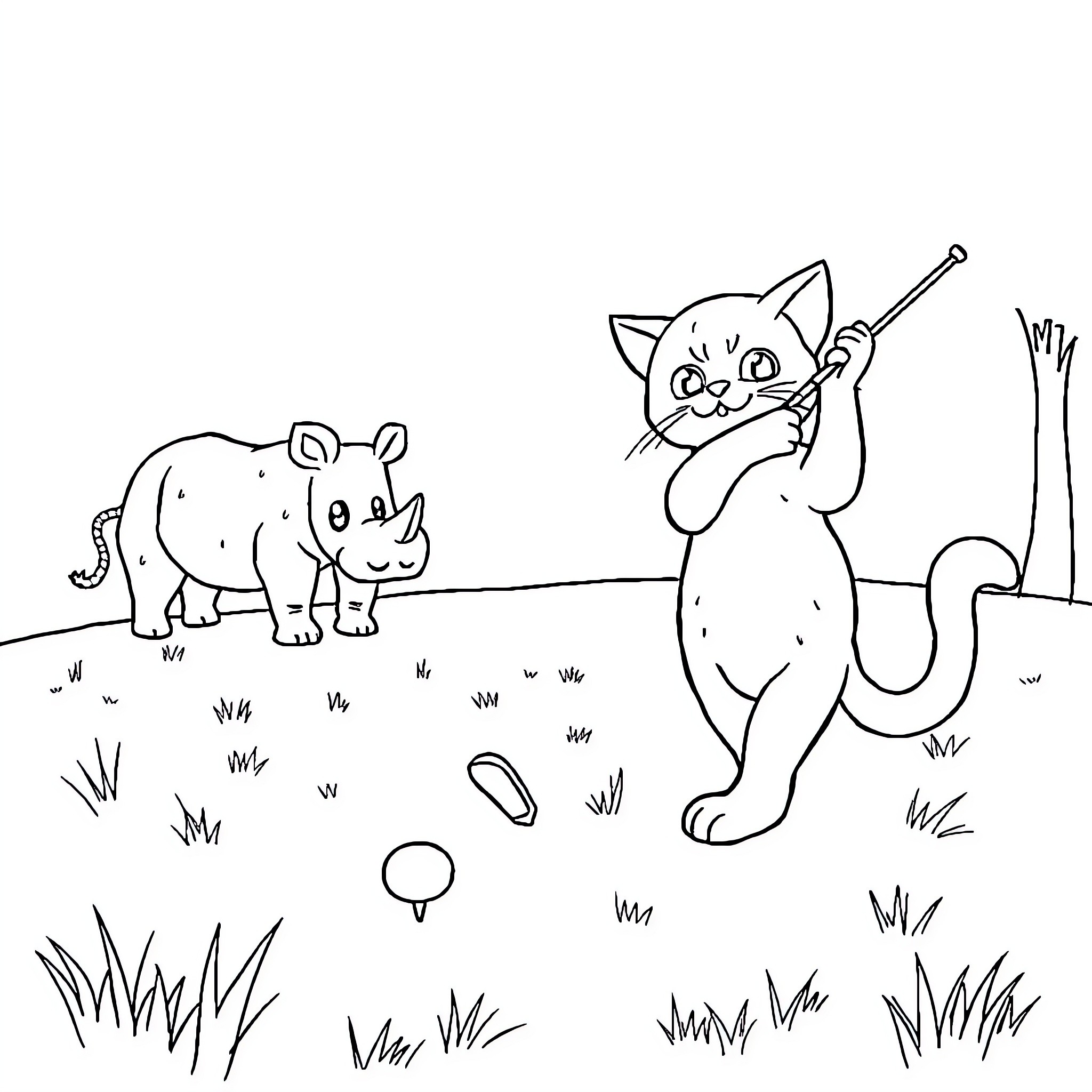 Cat chasing a mouse and rhinos in the park Coloring Page (free black-and-white line drawing printable PDF for all, from beginners to advanced learners, including children, teens, adults, and seniors)
