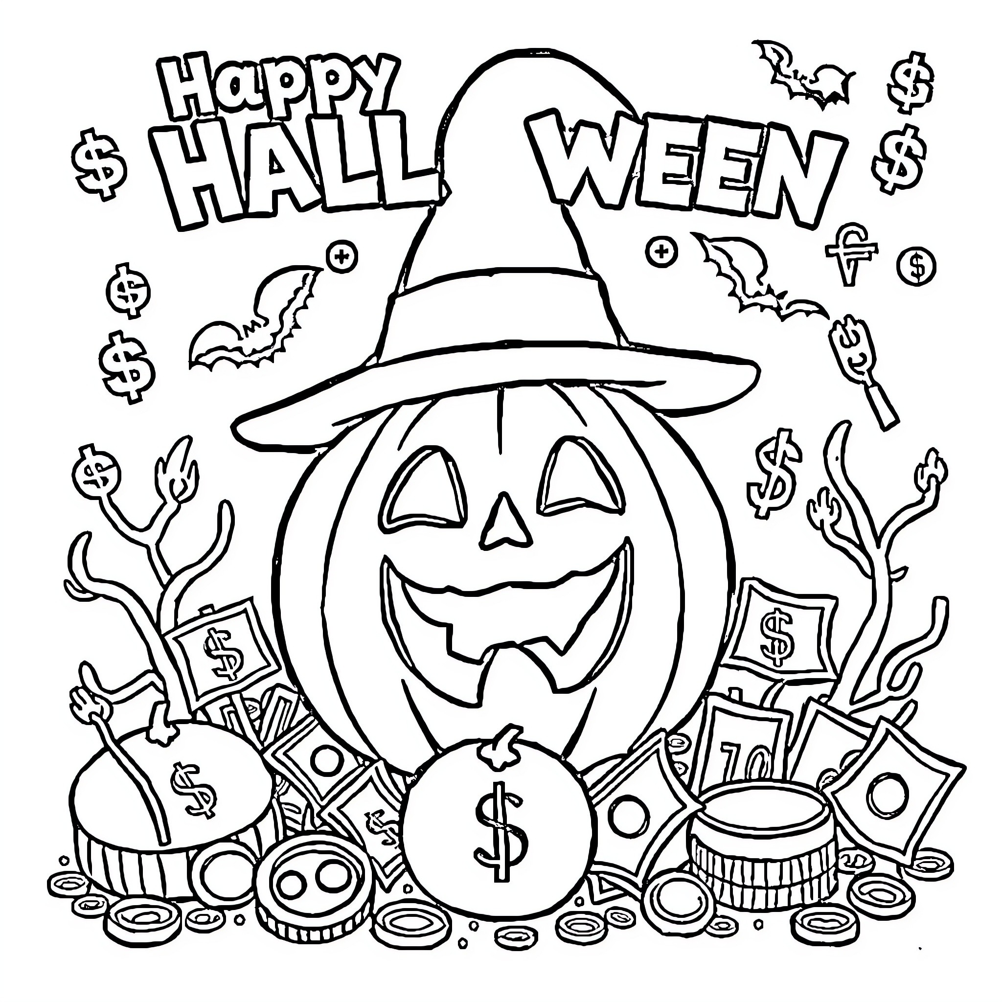 Money-themed Happy Halloween pumpkin and decor Coloring Page (free black-and-white line drawing printable PDF for all, from beginners to advanced learners, including children, teens, adults, and seniors)