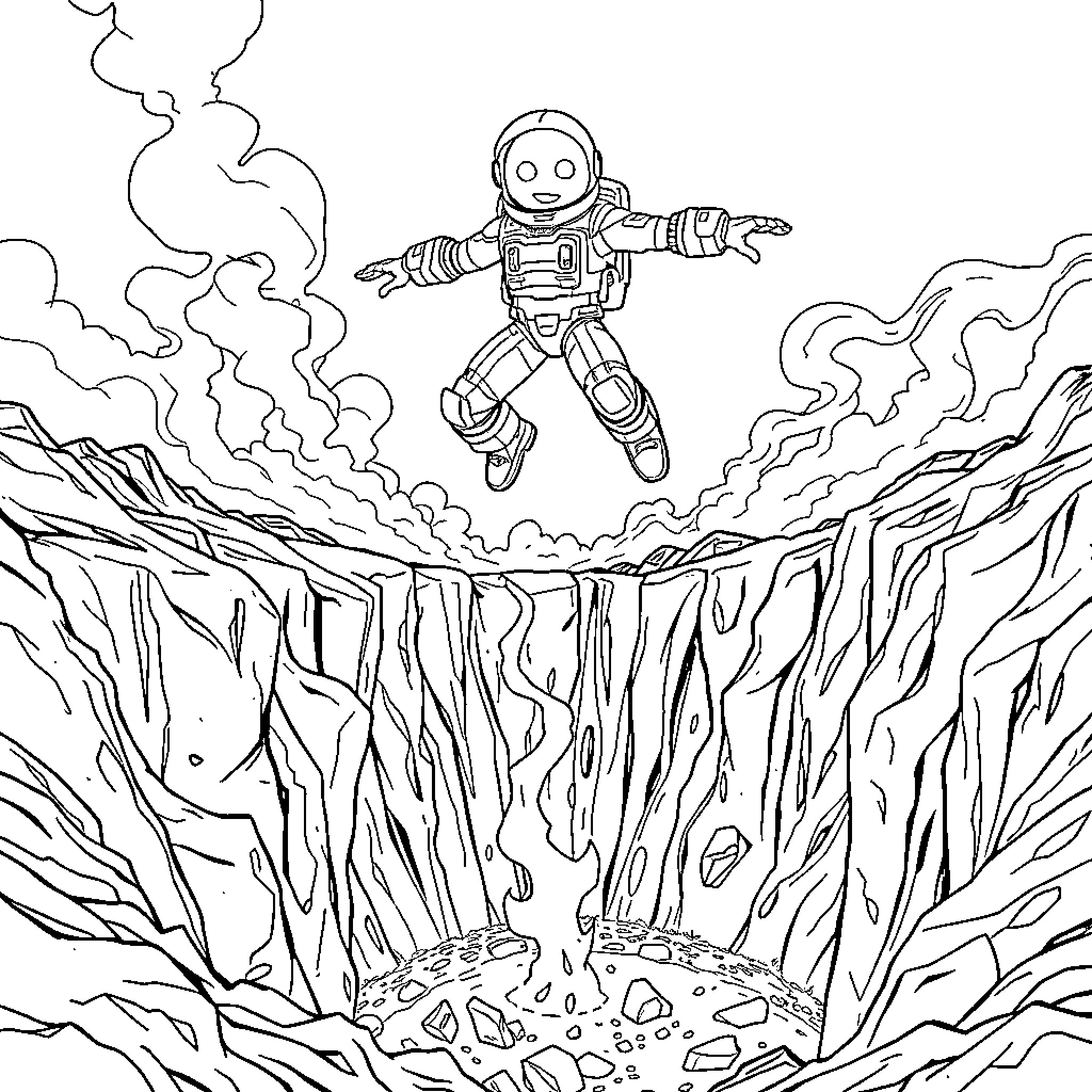 Astro Bot exploring the abyss Coloring Page (free black-and-white line drawing printable PDF for all, from beginners to advanced learners, including children, teens, adults, and seniors)