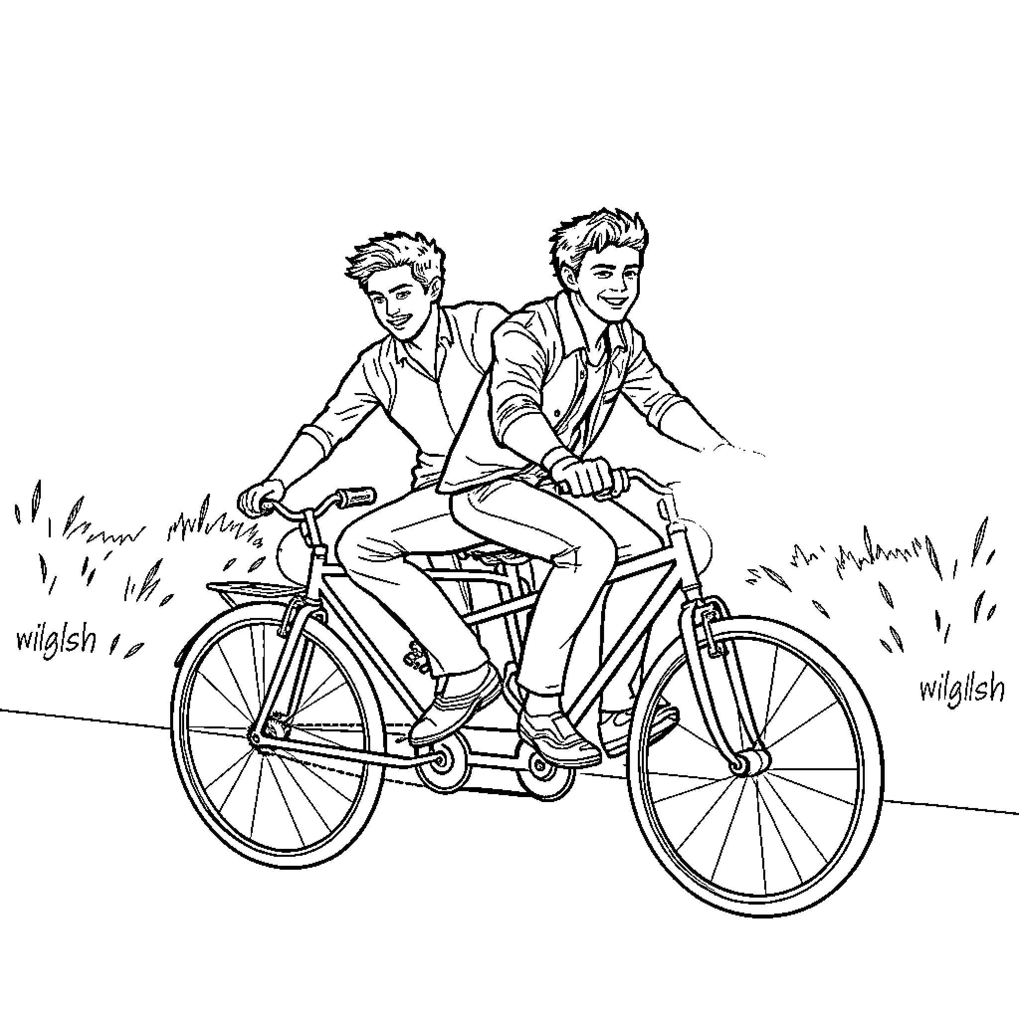 Edward Cullen and Jacob Black riding a bicycle together Coloring Page (free black-and-white line drawing printable PDF for all, from beginners to advanced learners, including children, teens, adults, and seniors)