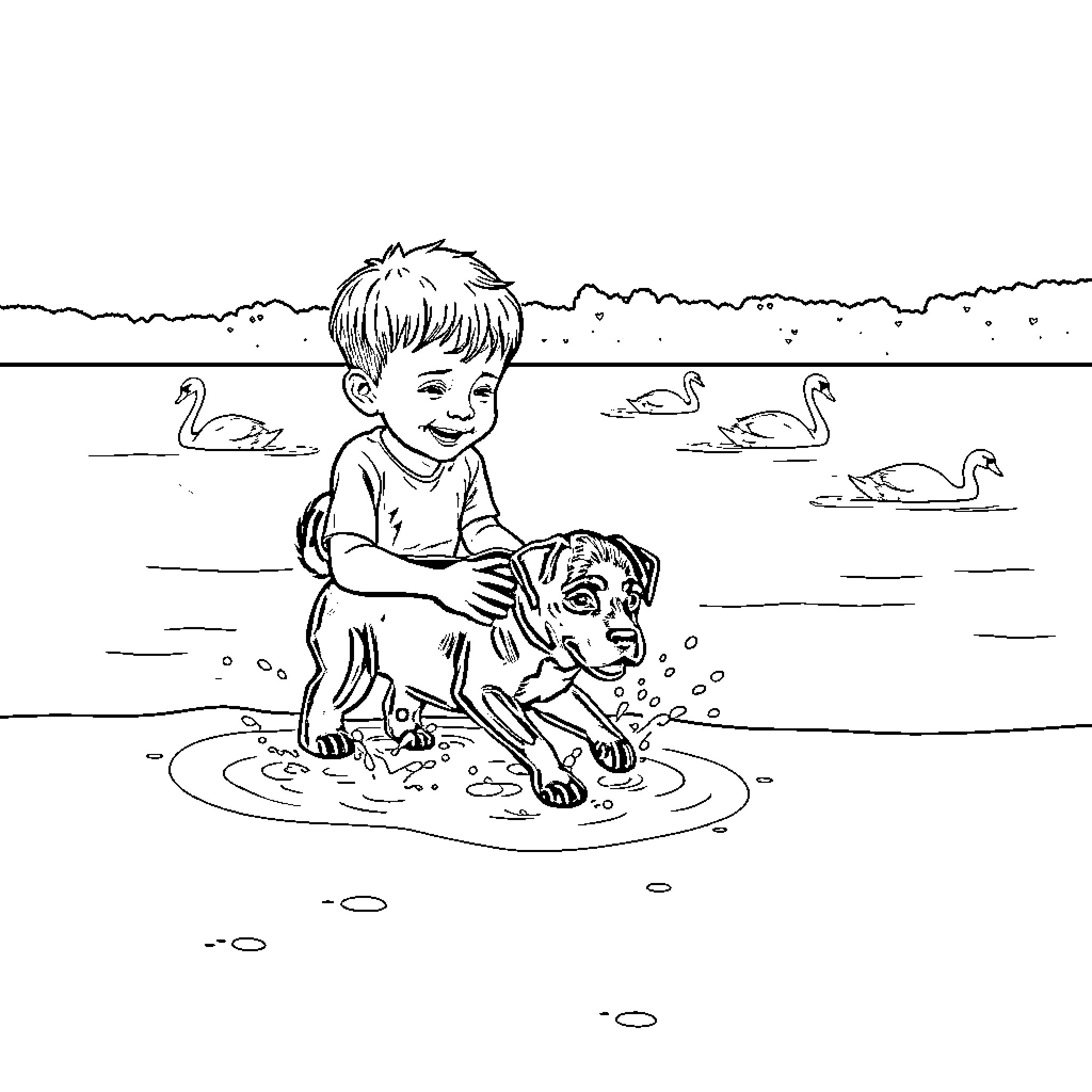 Puppy playing happily with boy in the lake Coloring Page (free black-and-white line drawing printable PDF for all, from beginners to advanced learners, including children, teens, adults, and seniors)