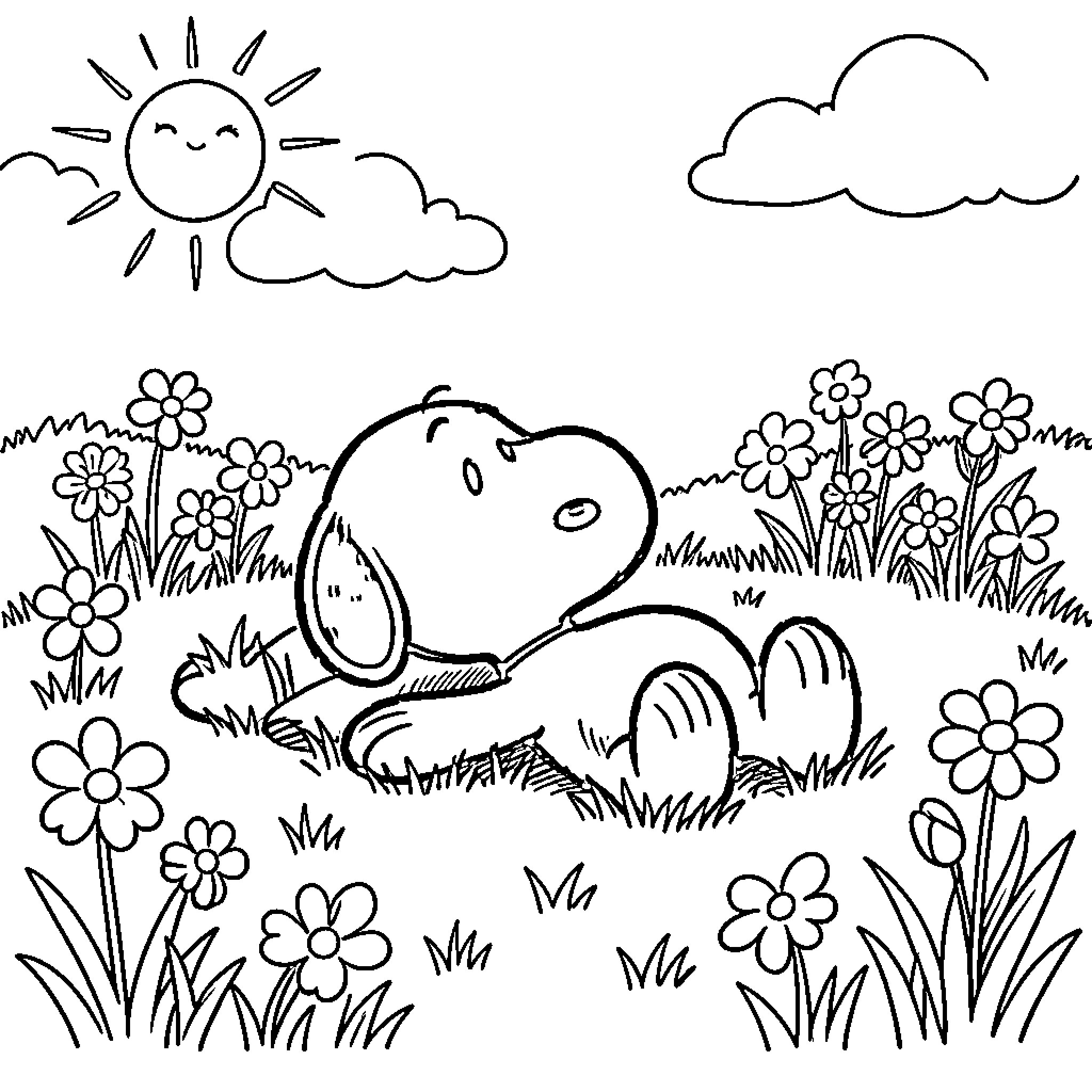 Snoopy relaxing in a flower-filled meadow Coloring Page (free black-and-white line drawing printable PDF for all, from beginners to advanced learners, including children, teens, adults, and seniors)