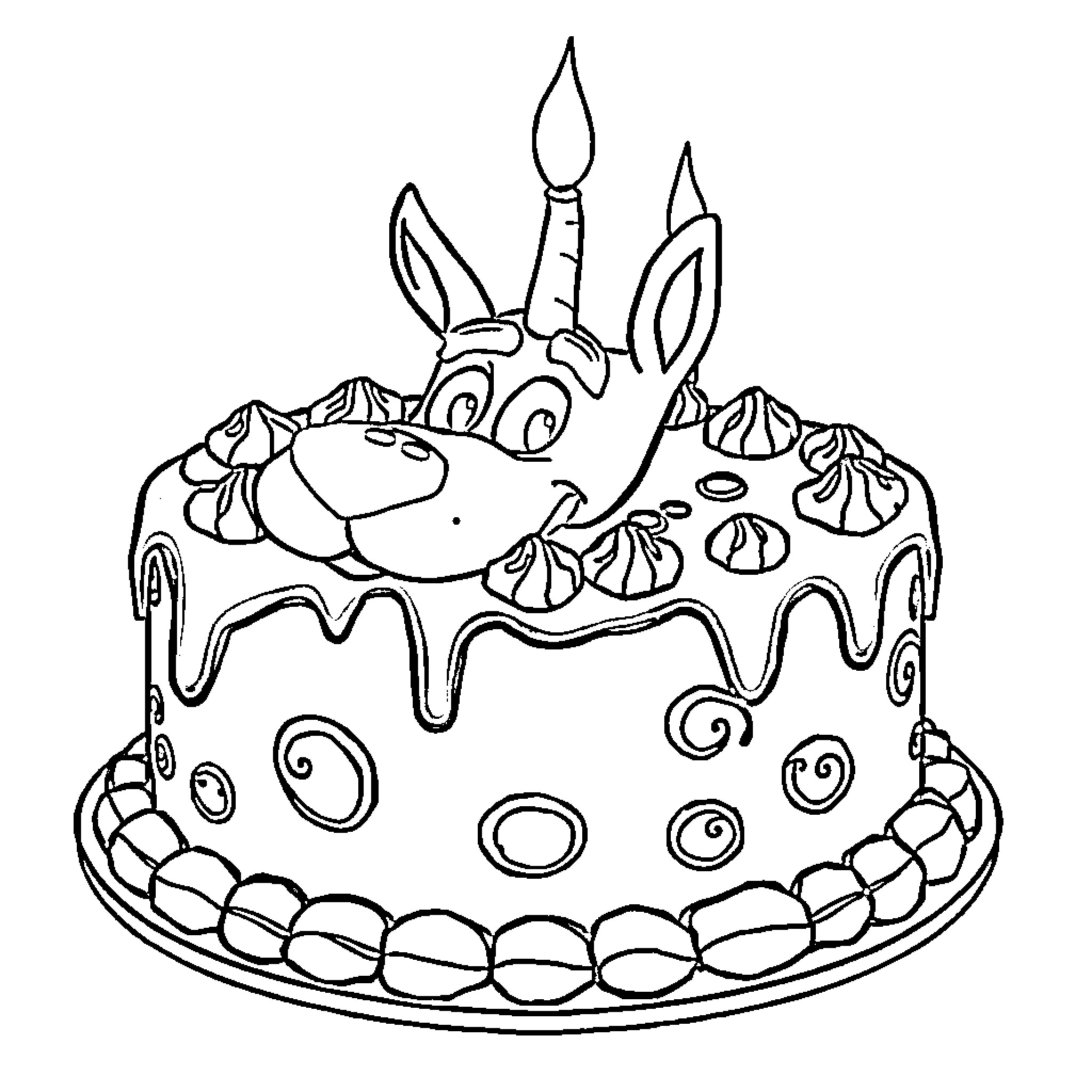 Scooby Doo's Whimsical Birthday Cake Coloring Page (free black-and-white line drawing printable PDF for all, from beginners to advanced learners, including children, teens, adults, and seniors)