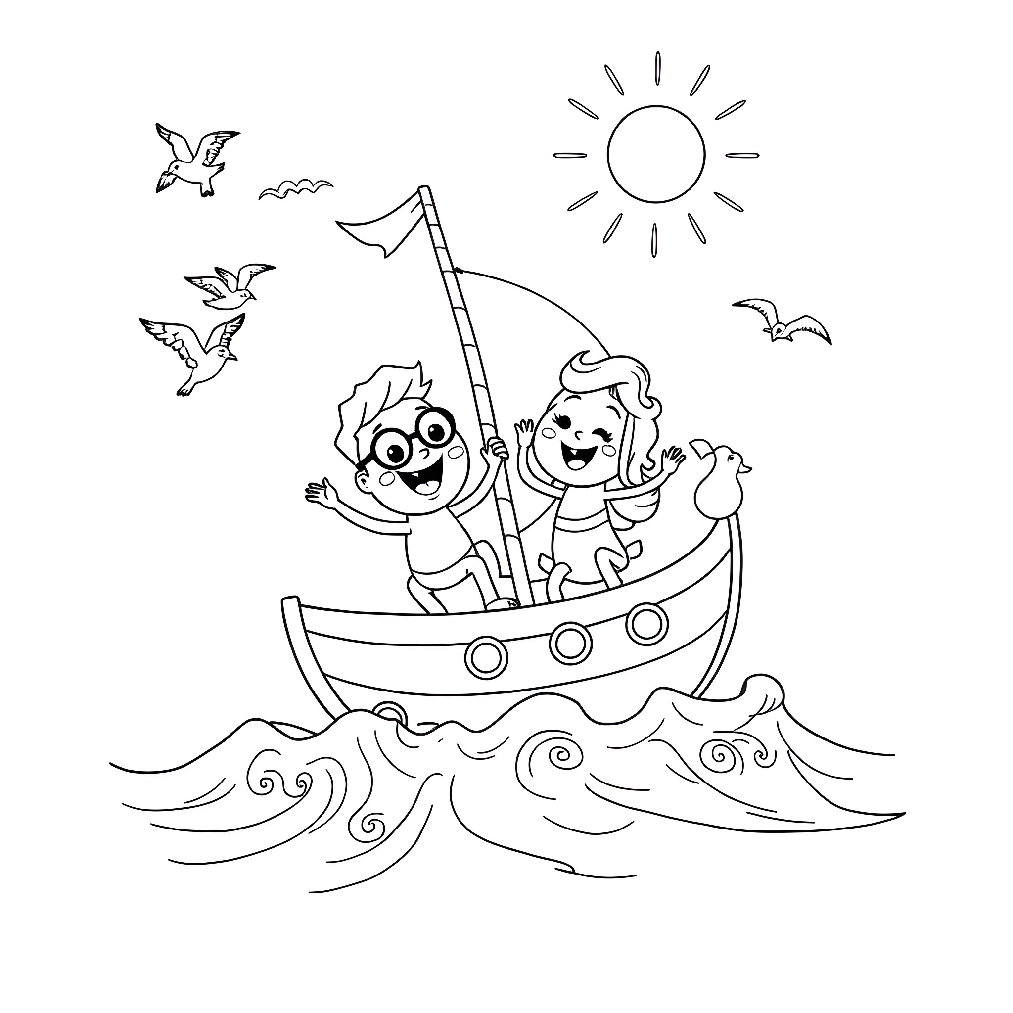 Blippi's Adventurous Boat Ride with Friends Coloring Page (free black-and-white line drawing printable PDF for all, from beginners to advanced learners, including children, teens, adults, and seniors)