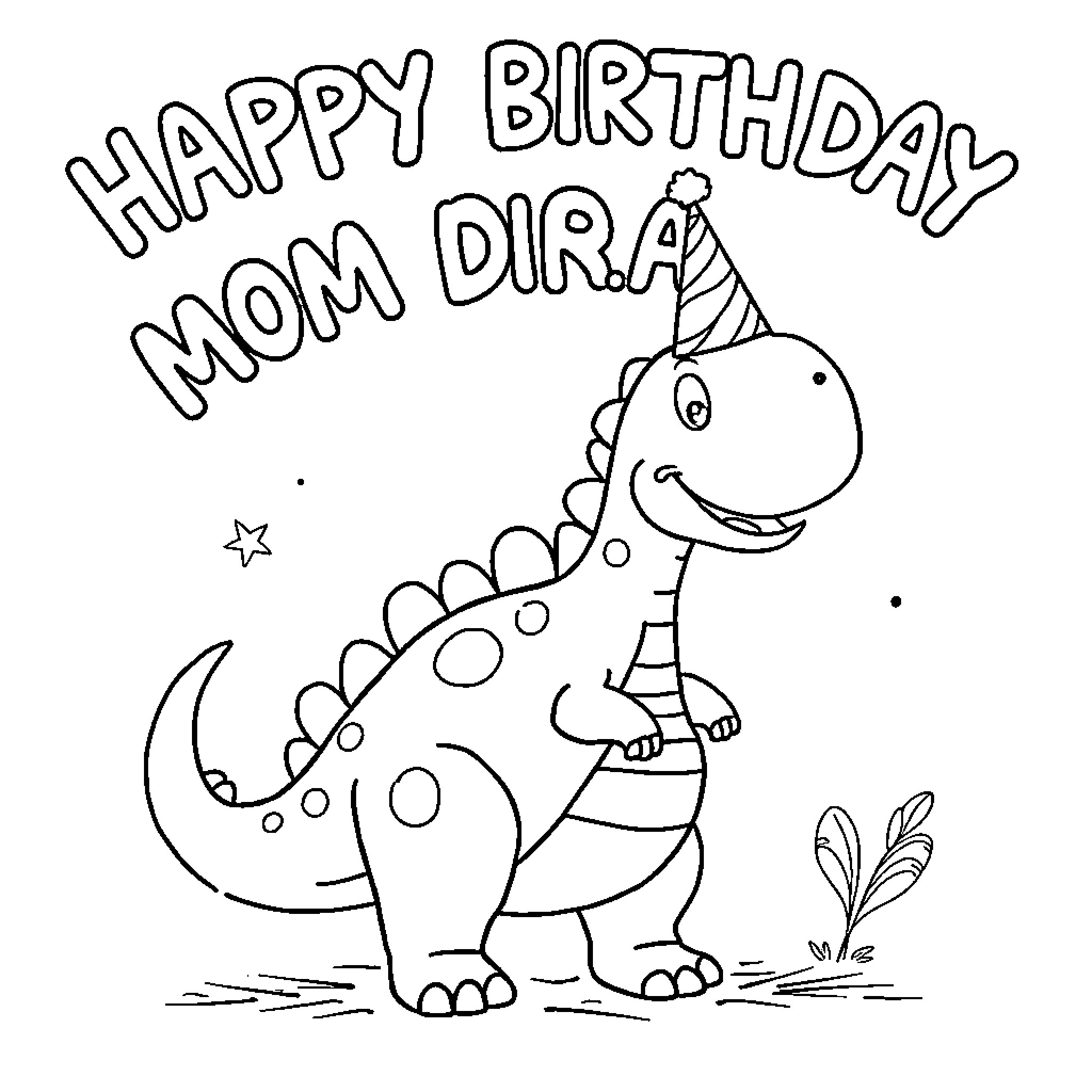 Dinosaur celebrating happy birthday Coloring Page (free black-and-white line drawing printable PDF for all, from beginners to advanced learners, including children, teens, adults, and seniors)