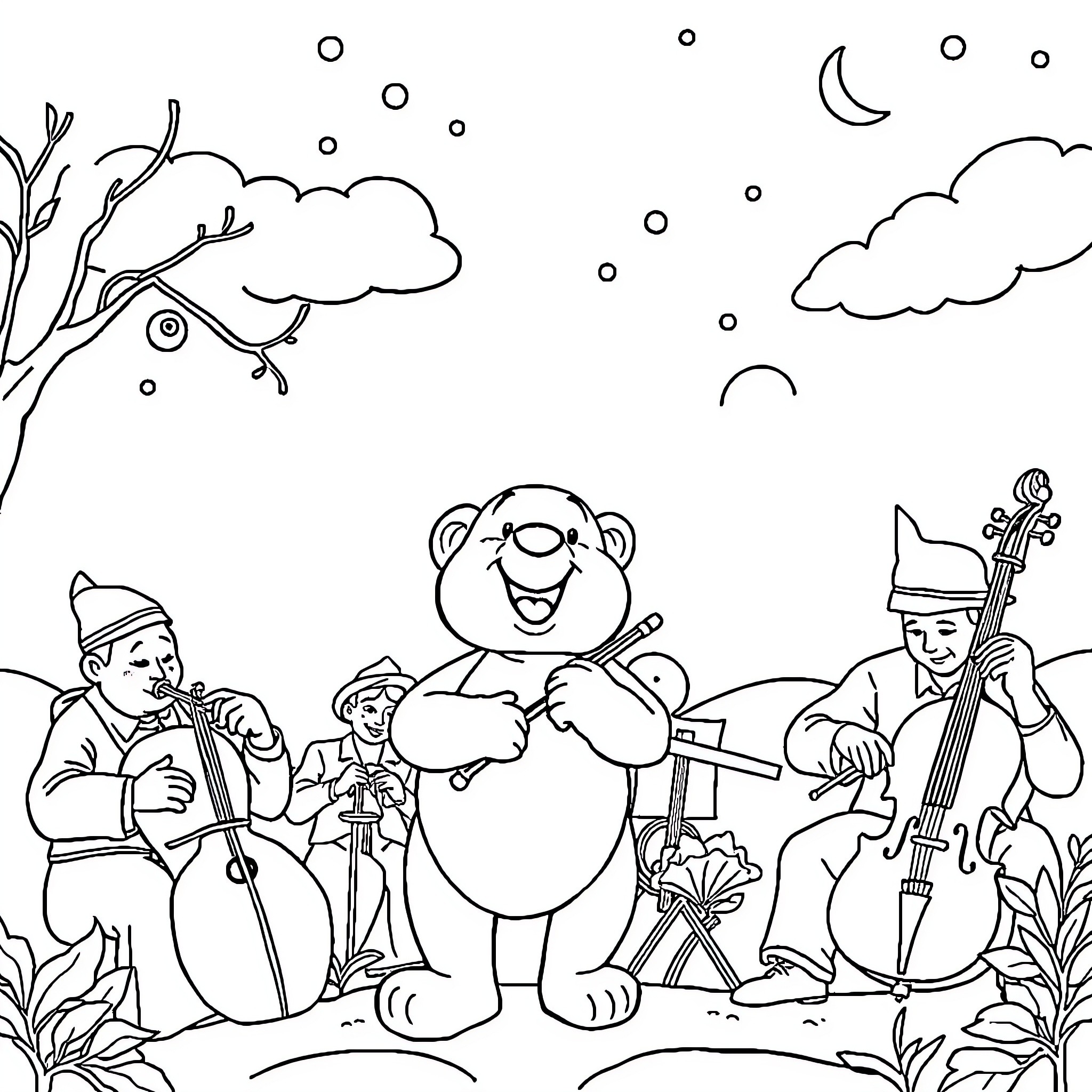 Winnie and the night musicians Coloring Page (free black-and-white line drawing printable PDF for all, from beginners to advanced learners, including children, teens, adults, and seniors)