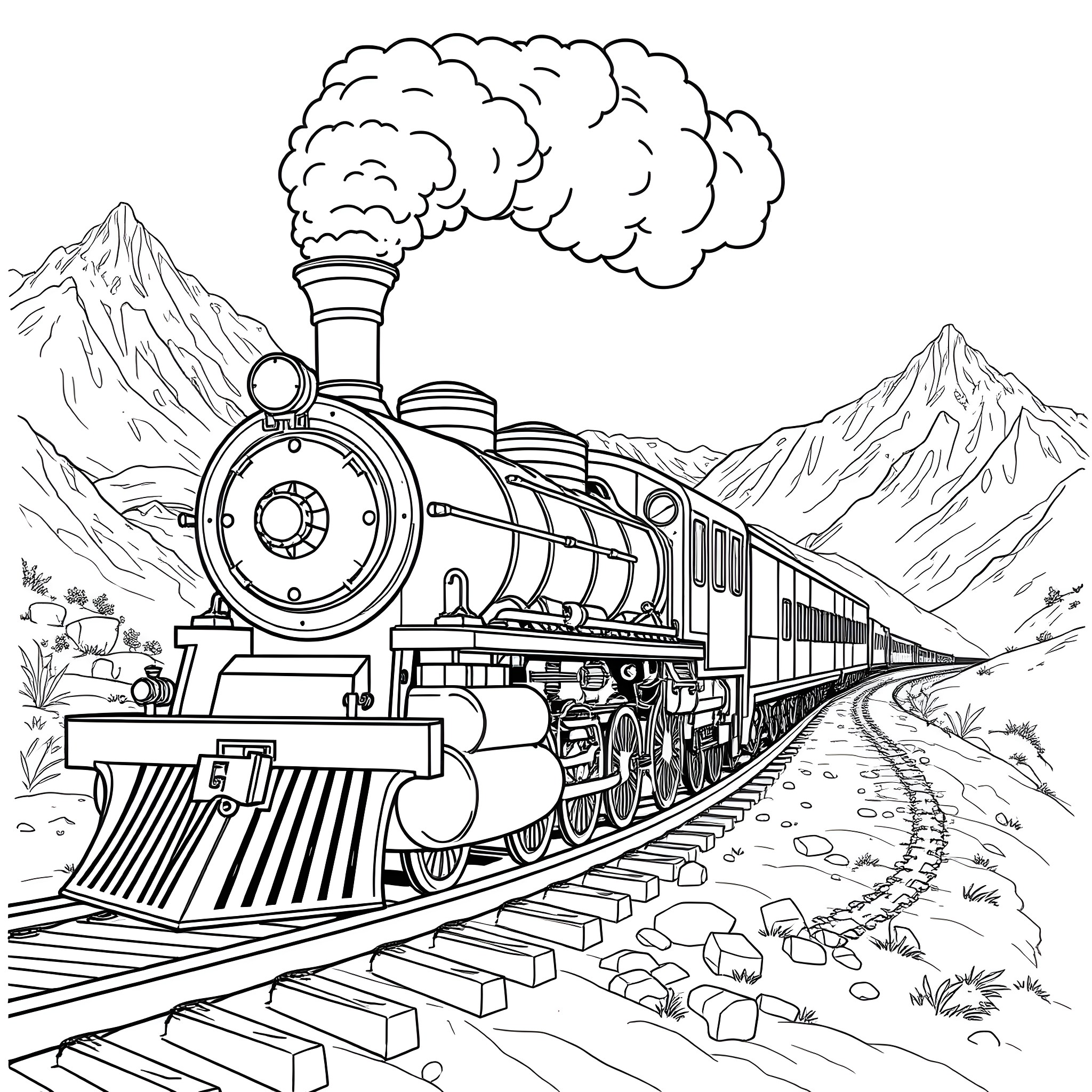 Steam Train Traversing Mountainous Landscape Coloring Page (free black-and-white line drawing printable PDF for all, from beginners to advanced learners, including children, teens, adults, and seniors)