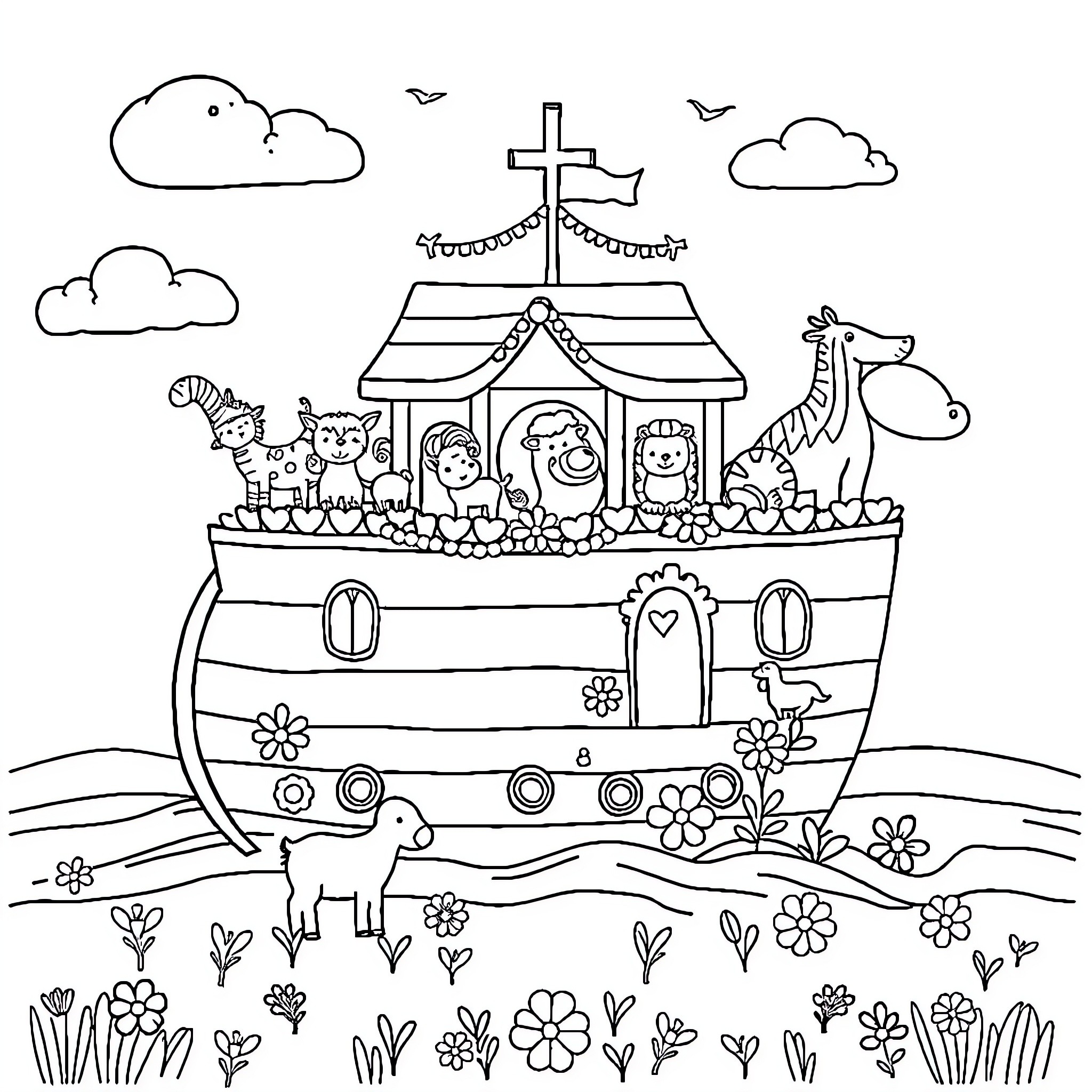 Noah's Ark with Various Animals and Religious Symbols Coloring Page (free black-and-white line drawing printable PDF for all, from beginners to advanced learners, including children, teens, adults, and seniors)
