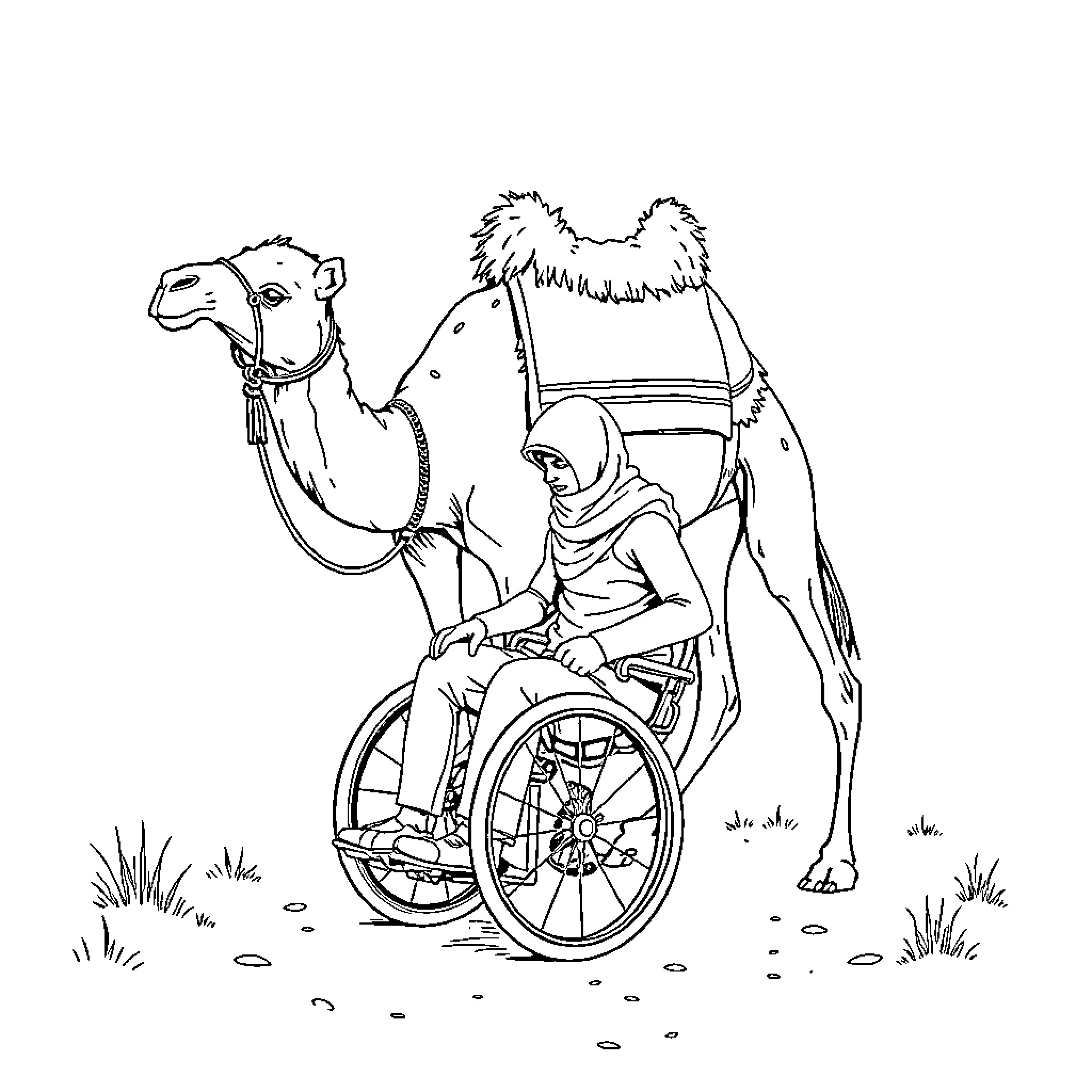 Camel carrying a person in a wheelchair Coloring Page (free black-and-white line drawing printable PDF for all, from beginners to advanced learners, including children, teens, adults, and seniors)