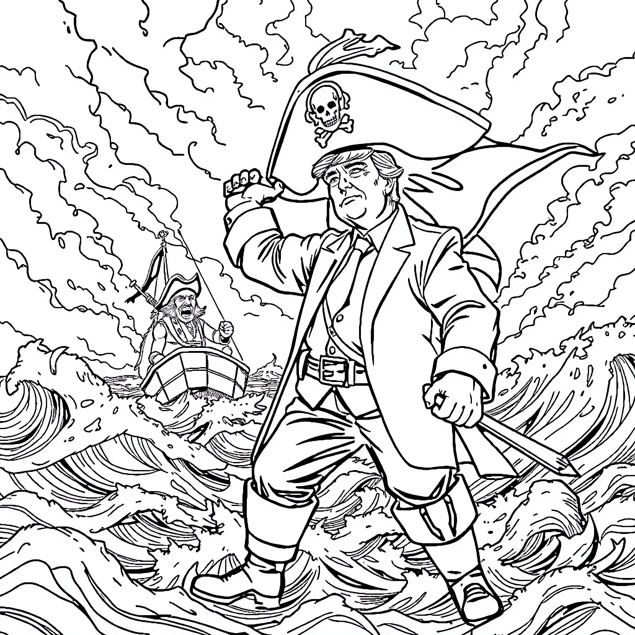 Trump sailing a pirate ship through stormy seas Coloring Page (free black-and-white line drawing printable PDF for all, from beginners to advanced learners, including children, teens, adults, and seniors)