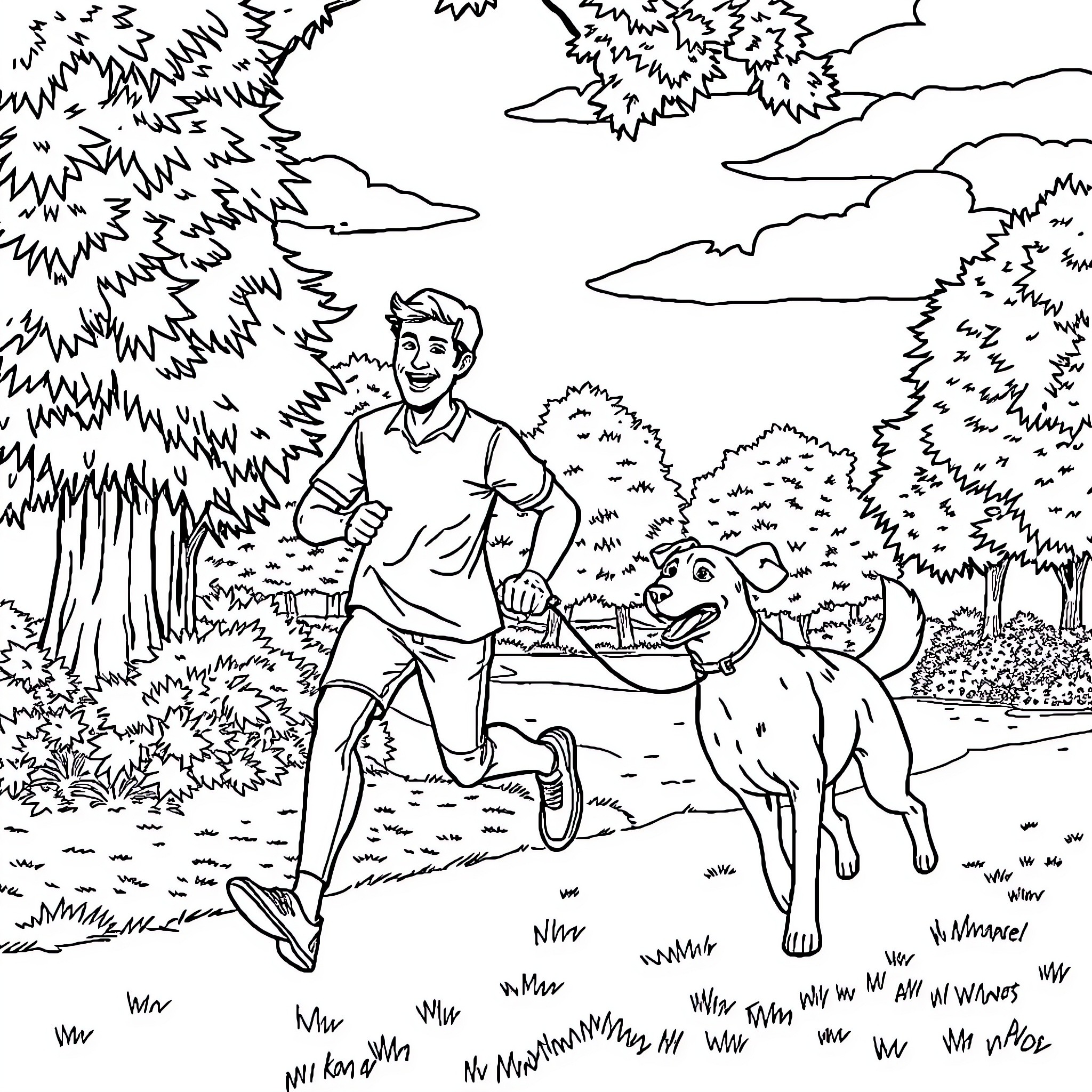 Man walking his dog in the forest Coloring Page (free black-and-white line drawing printable PDF for all, from beginners to advanced learners, including children, teens, adults, and seniors)