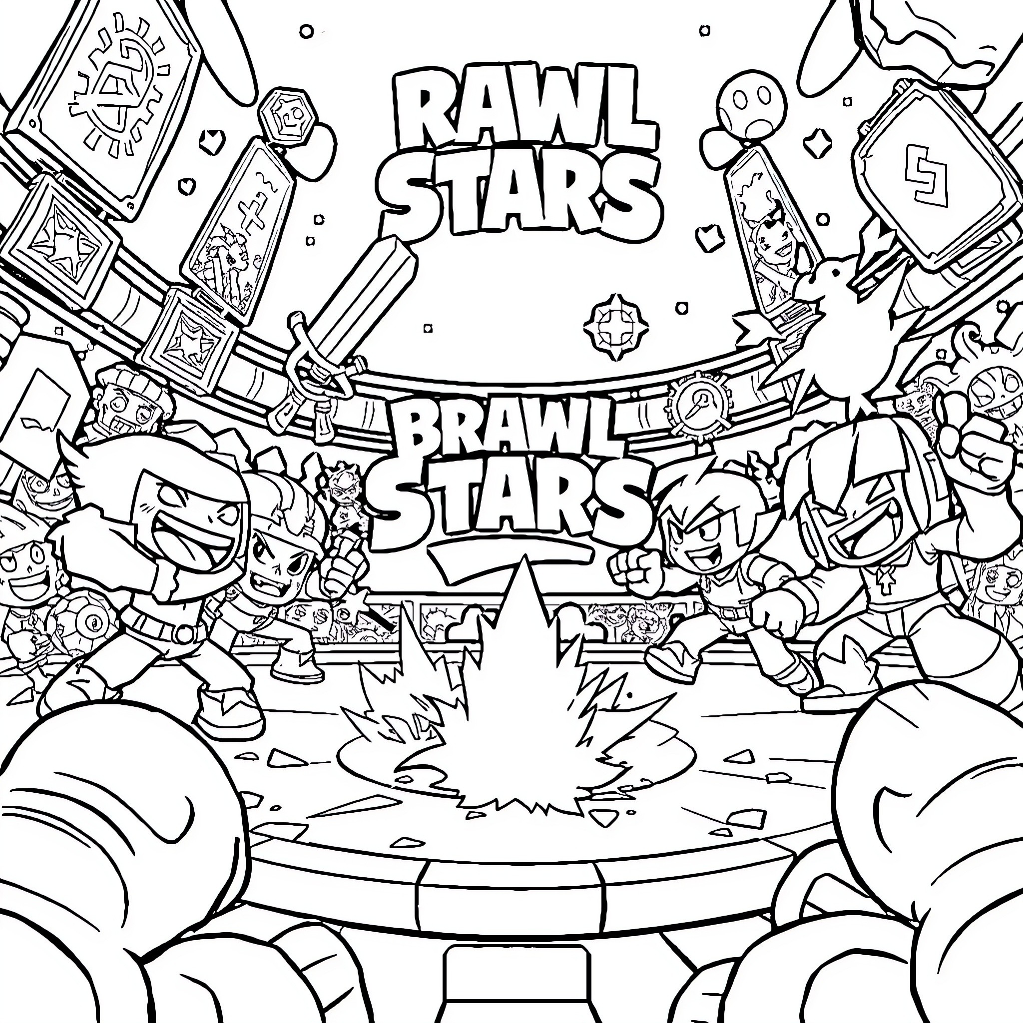 Brawl Stars: Chaotic Battle Scene Coloring Page (free black-and-white line drawing printable PDF for all, from beginners to advanced learners, including children, teens, adults, and seniors)