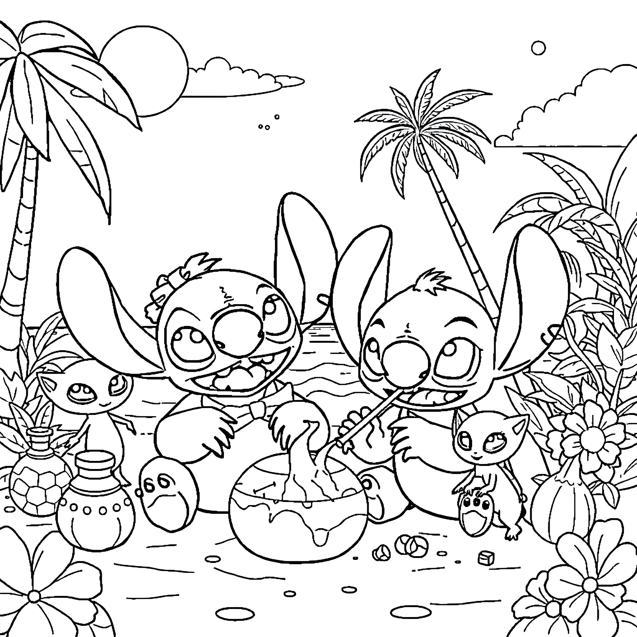 Stitch and Friends Enjoying a Tropical Beach Adventure Coloring Page (free black-and-white line drawing printable PDF for all, from beginners to advanced learners, including children, teens, adults, and seniors)
