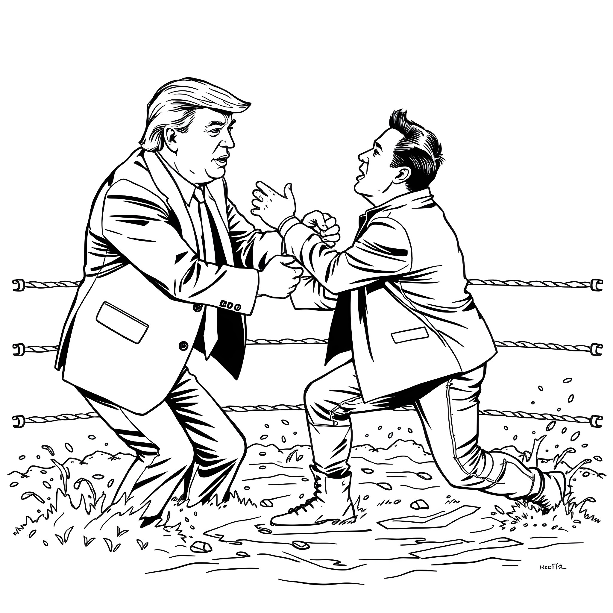 Donald Trump in a heated debate with another man Coloring Page (free black-and-white line drawing printable PDF for all, from beginners to advanced learners, including children, teens, adults, and seniors)