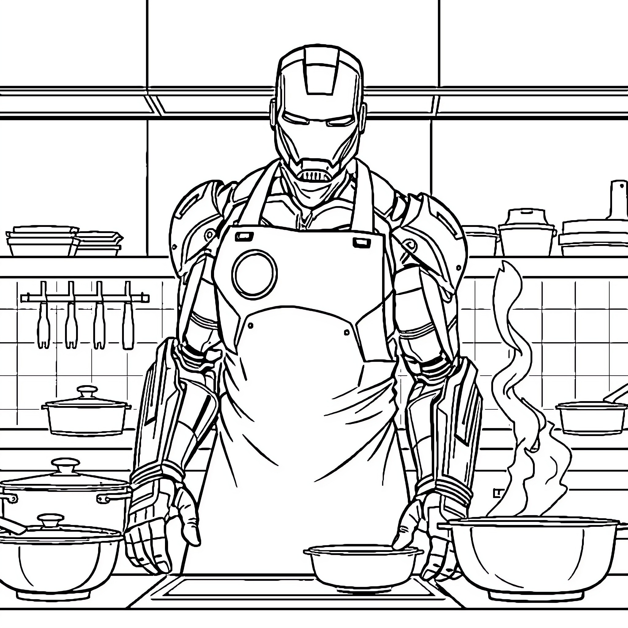 Ironman cooking in the kitchen Coloring Page (free black-and-white line drawing printable PDF for all, from beginners to advanced learners, including children, teens, adults, and seniors)