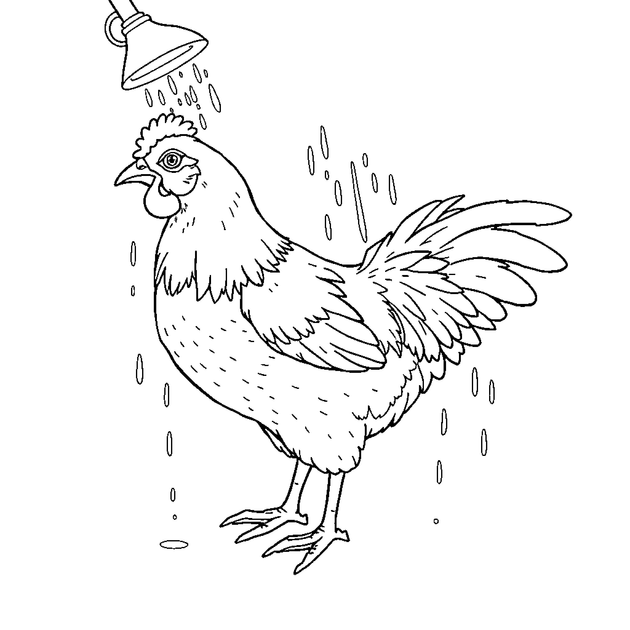 Chicken getting a shower from sprinkler Coloring Page (free black-and-white line drawing printable PDF for all, from beginners to advanced learners, including children, teens, adults, and seniors)