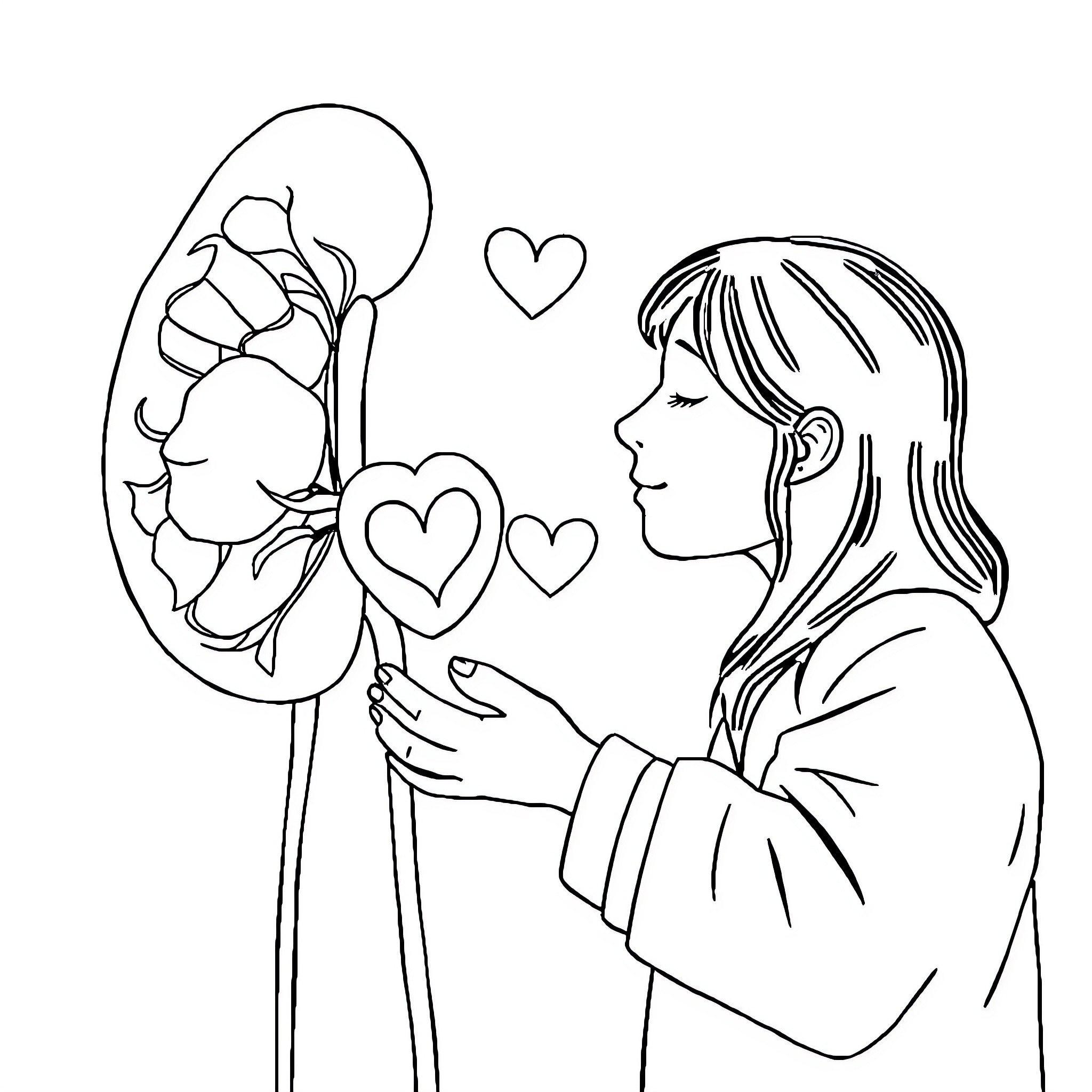 Kidney patient admiring heart-shaped balloons Coloring Page (free black-and-white line drawing printable PDF for all, from beginners to advanced learners, including children, teens, adults, and seniors)