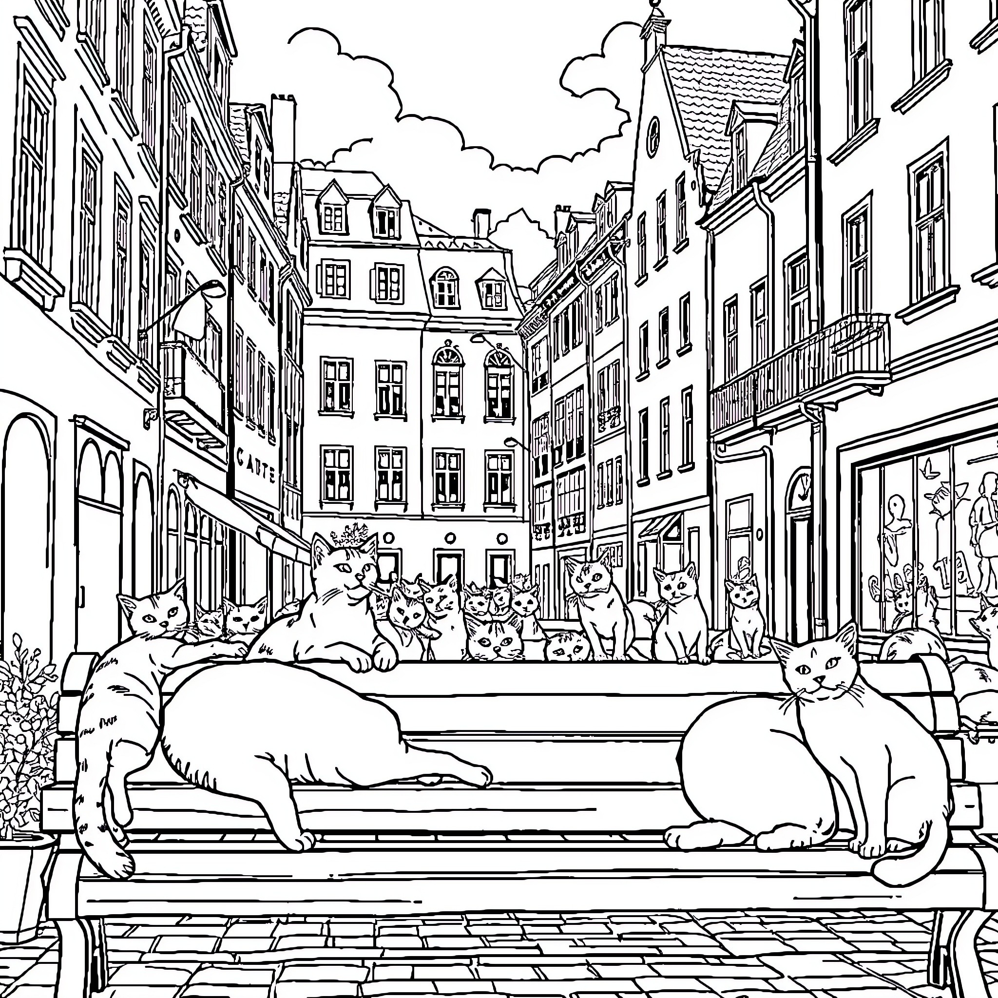 Cat cafe scene in a European city Coloring Page (free black-and-white line drawing printable PDF for all, from beginners to advanced learners, including children, teens, adults, and seniors)