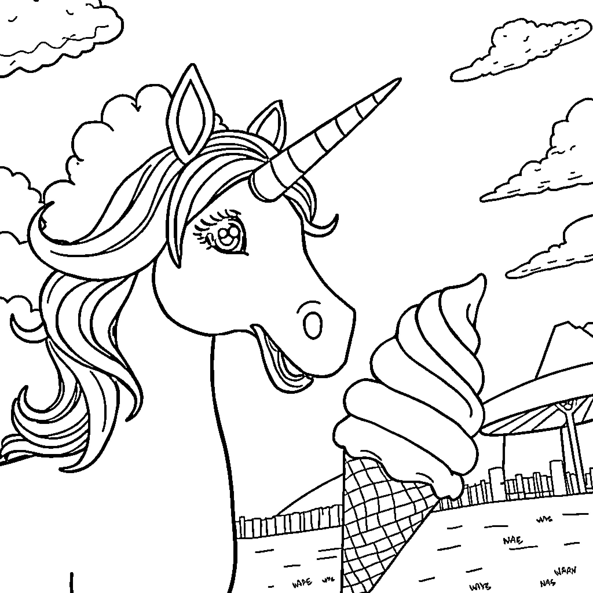 Unicorn in a Whimsical Cityscape Coloring Page (free black-and-white line drawing printable PDF for all, from beginners to advanced learners, including children, teens, adults, and seniors)