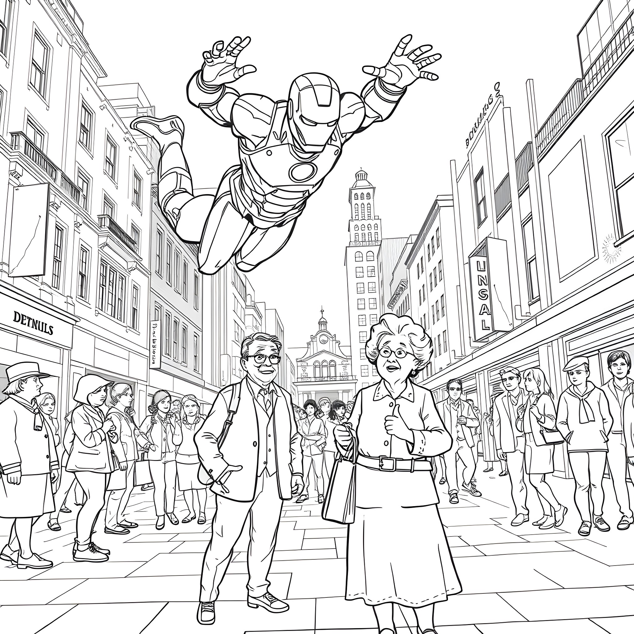 Ironman soaring through the city skyline Coloring Page (free black-and-white line drawing printable PDF for all, from beginners to advanced learners, including children, teens, adults, and seniors)