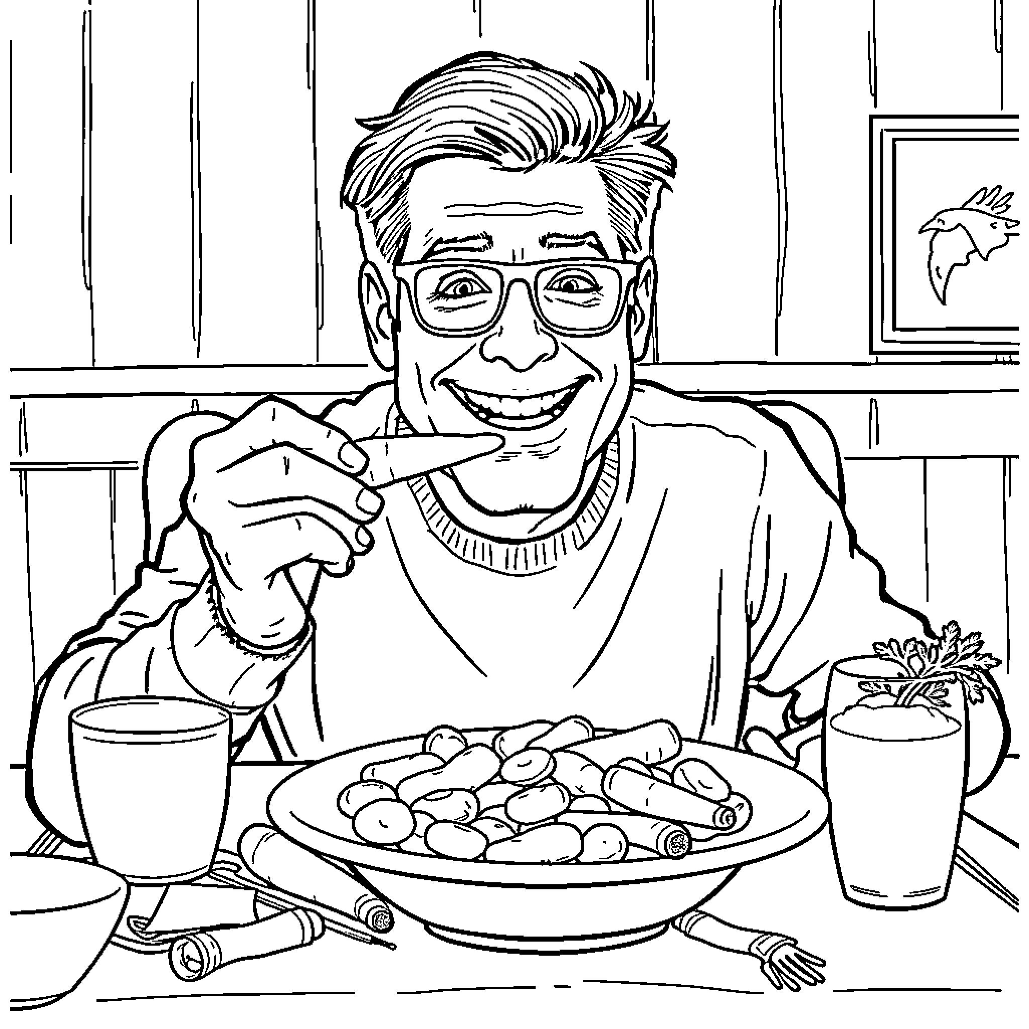 Jim Carrey enjoying a hearty meal at home Coloring Page (free black-and-white line drawing printable PDF for all, from beginners to advanced learners, including children, teens, adults, and seniors)