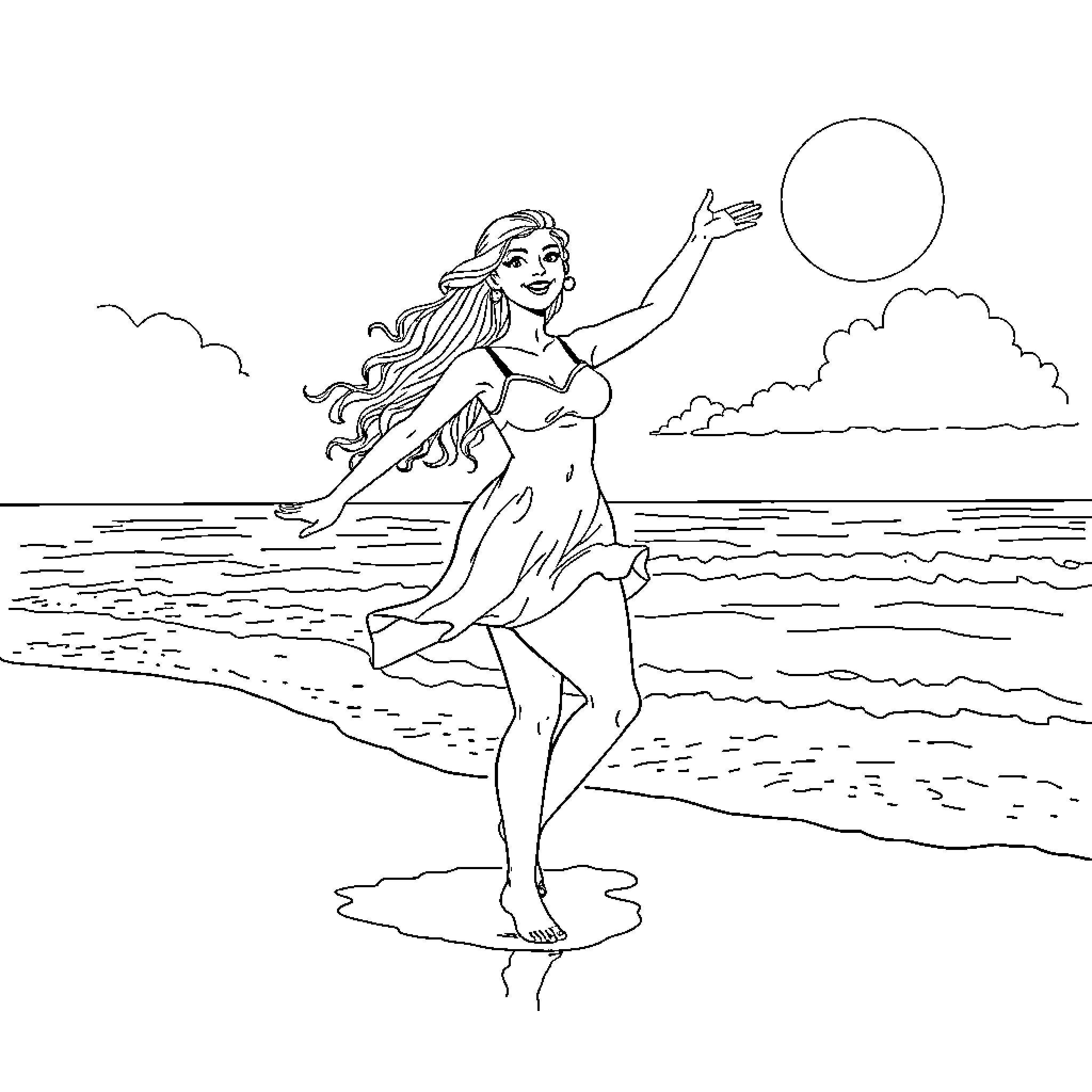 Kelsi Monroe Enjoying a Sunny Day by the Beach Coloring Page (free black-and-white line drawing printable PDF for all, from beginners to advanced learners, including children, teens, adults, and seniors)