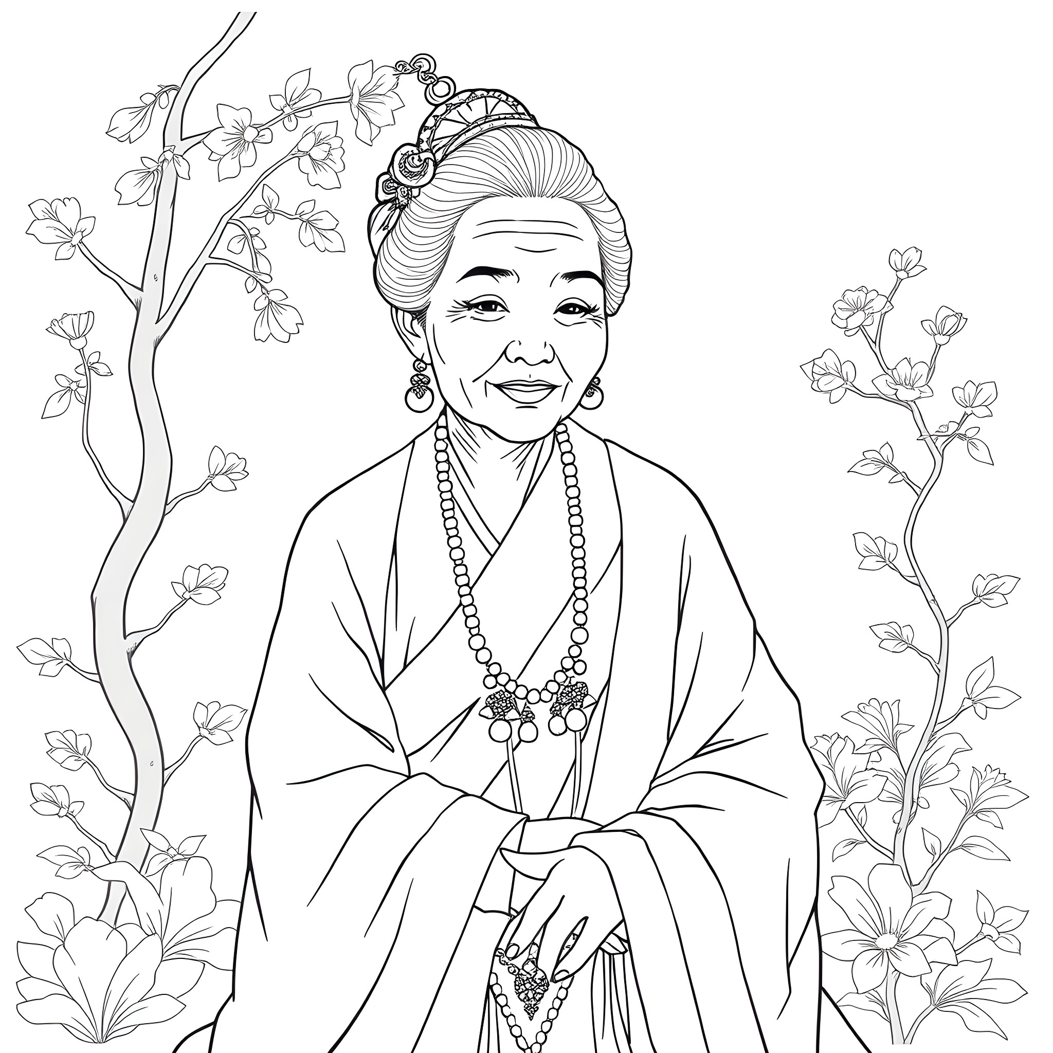 Grandma in a traditional outfit surrounded by flowers Coloring Page (free black-and-white line drawing printable PDF for all, from beginners to advanced learners, including children, teens, adults, and seniors)