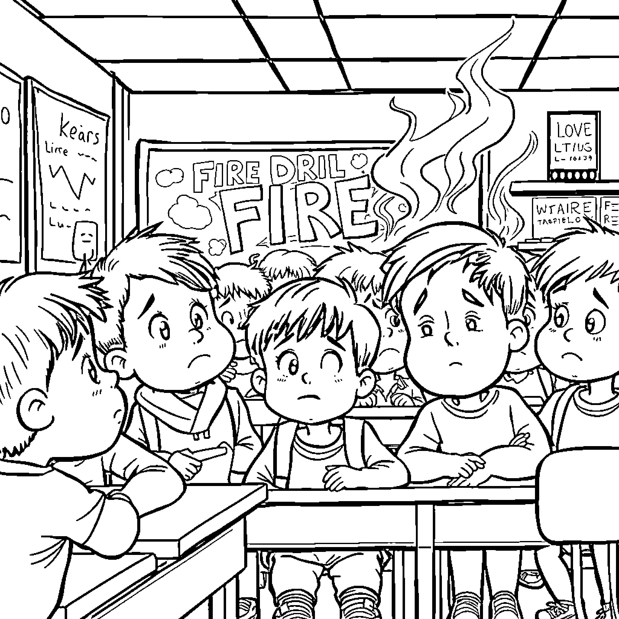 Kids learning about fire safety in the classroom Coloring Page (free black-and-white line drawing printable PDF for all, from beginners to advanced learners, including children, teens, adults, and seniors)