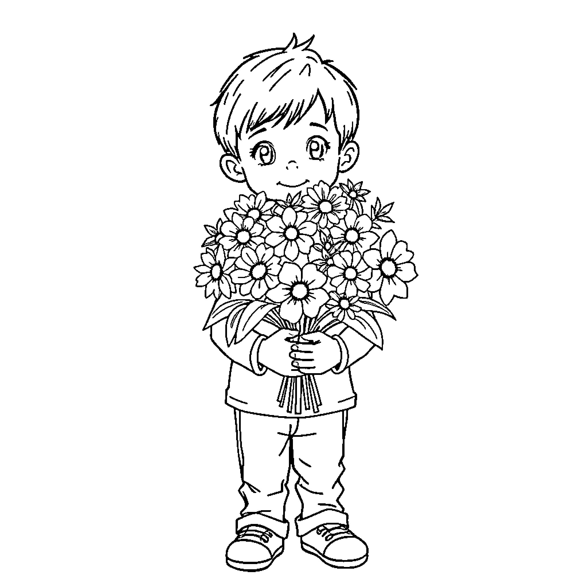 Boy holding a bouquet of flowers Coloring Page (free black-and-white line drawing printable PDF for all, from beginners to advanced learners, including children, teens, adults, and seniors)