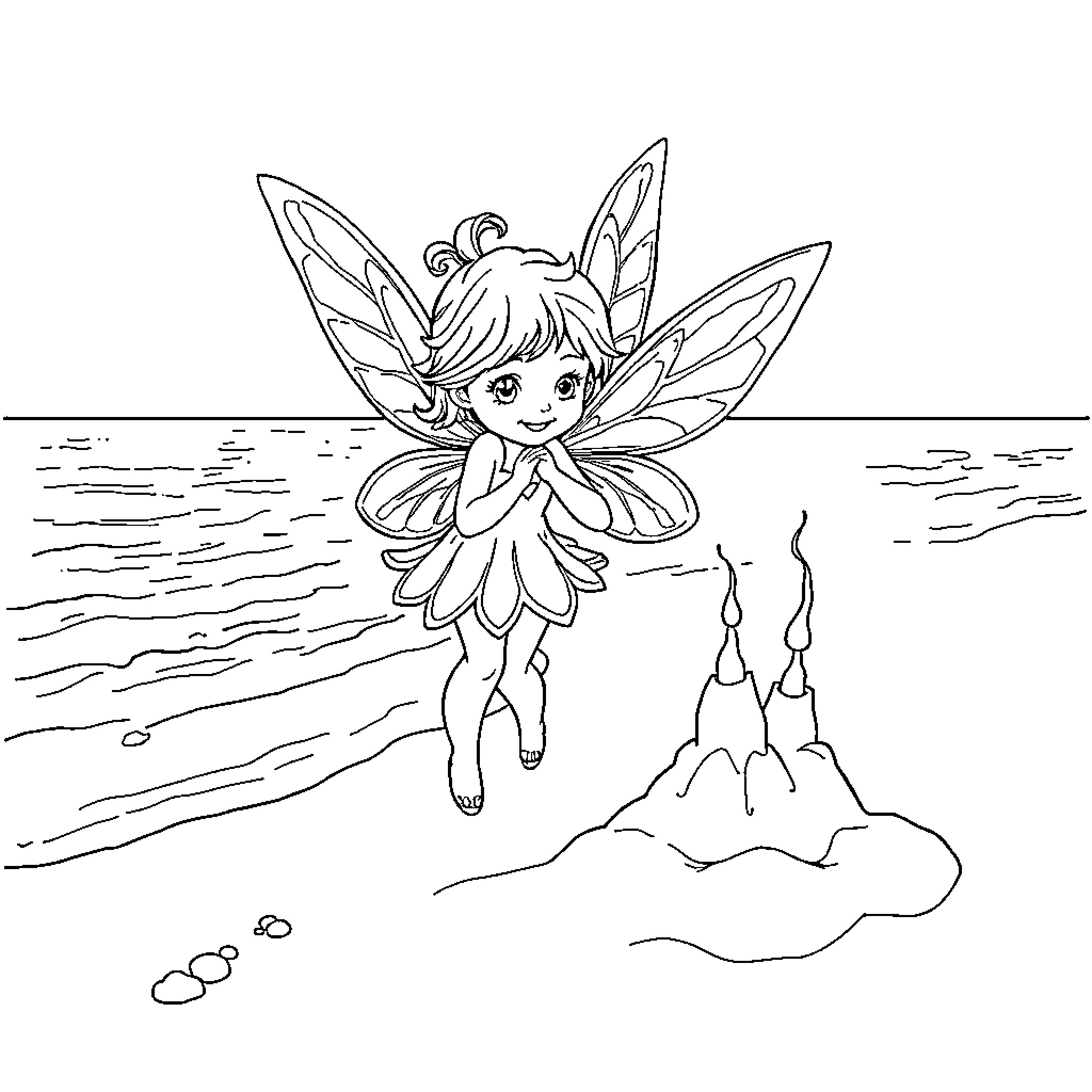 Fairy flying near a magical castle Coloring Page (free black-and-white line drawing printable PDF for all, from beginners to advanced learners, including children, teens, adults, and seniors)