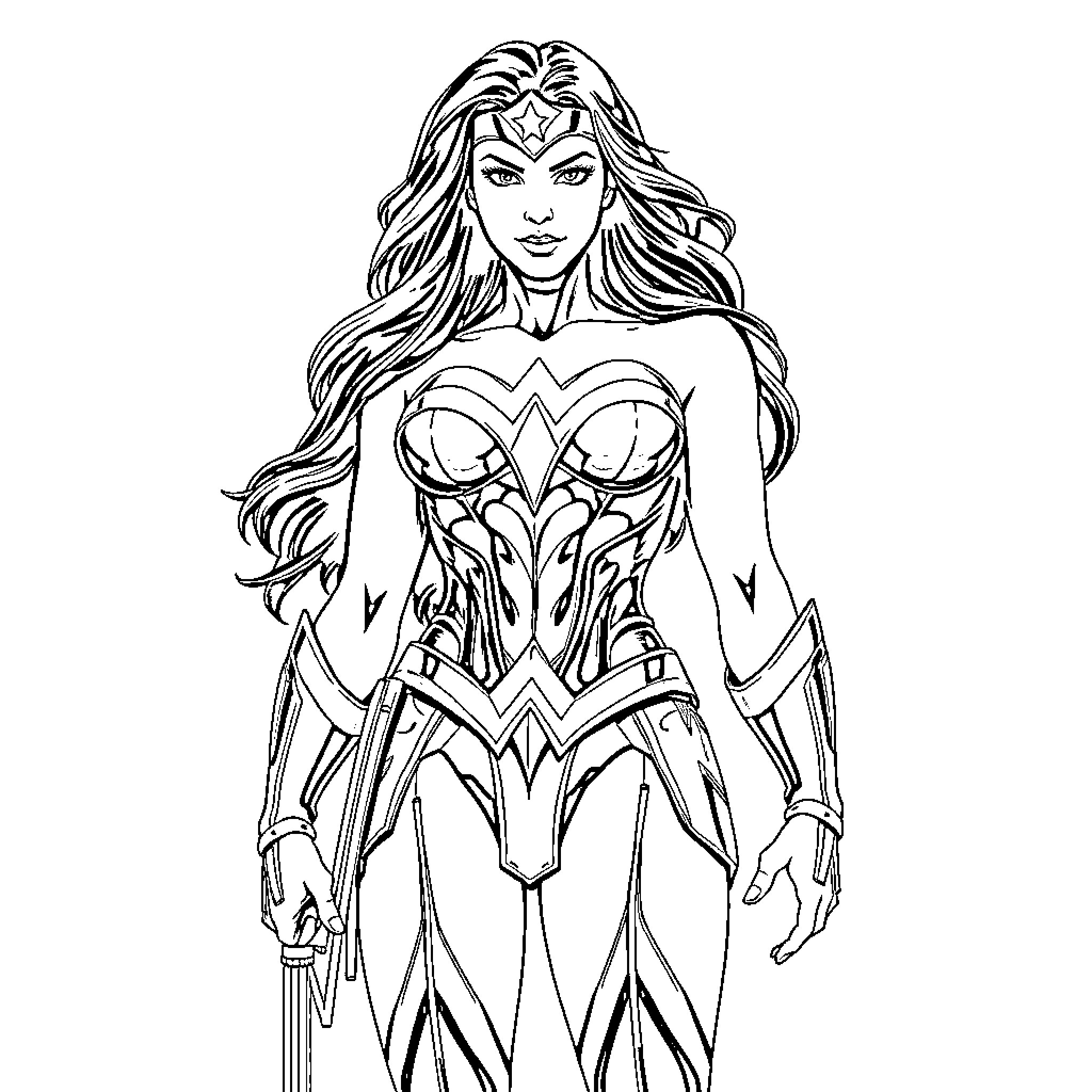 Wonder Woman in Heroic Pose Coloring Page (free black-and-white line drawing printable PDF for all, from beginners to advanced learners, including children, teens, adults, and seniors)