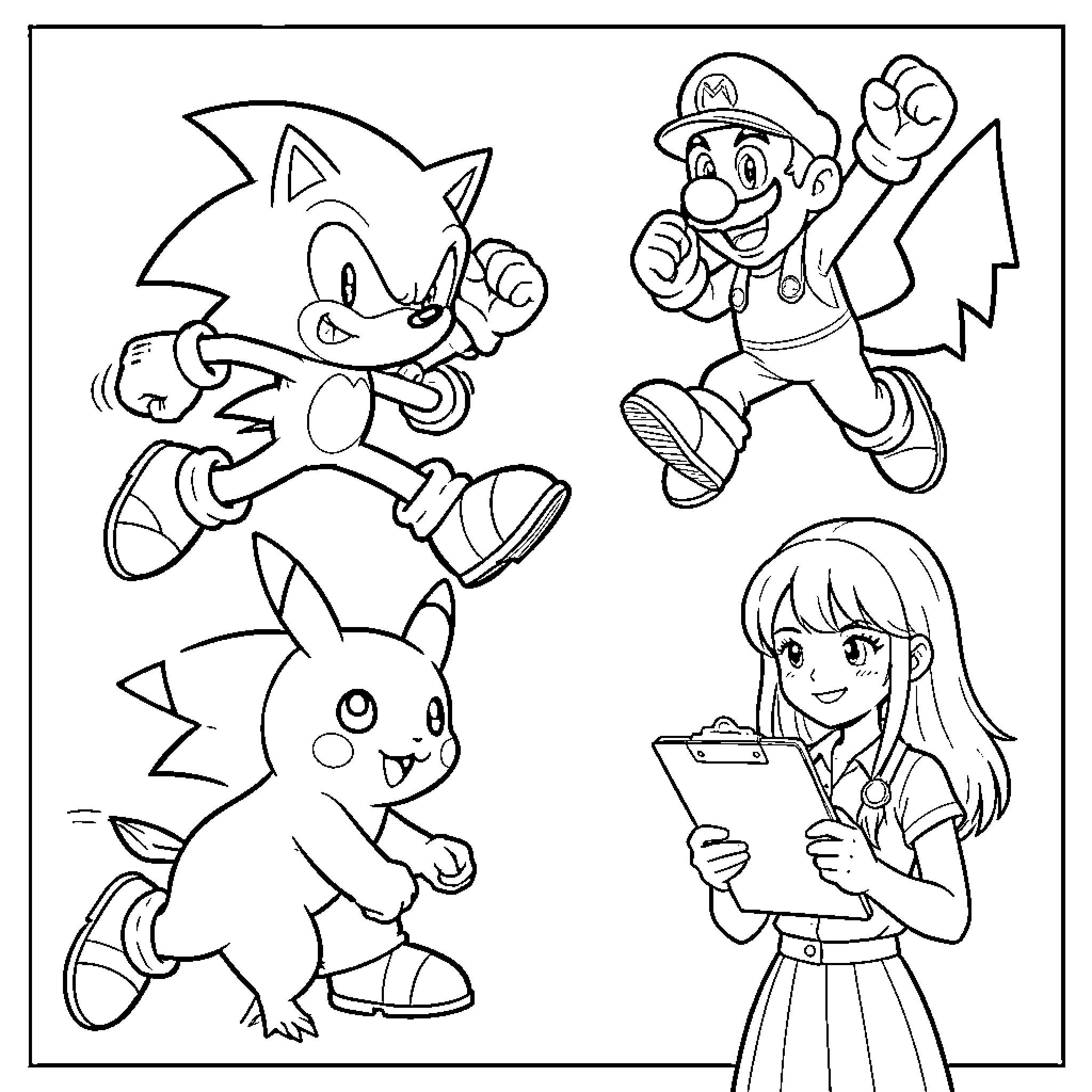 Characters running and jumping with joyful expressions Coloring Page (free black-and-white line drawing printable PDF for all, from beginners to advanced learners, including children, teens, adults, and seniors)